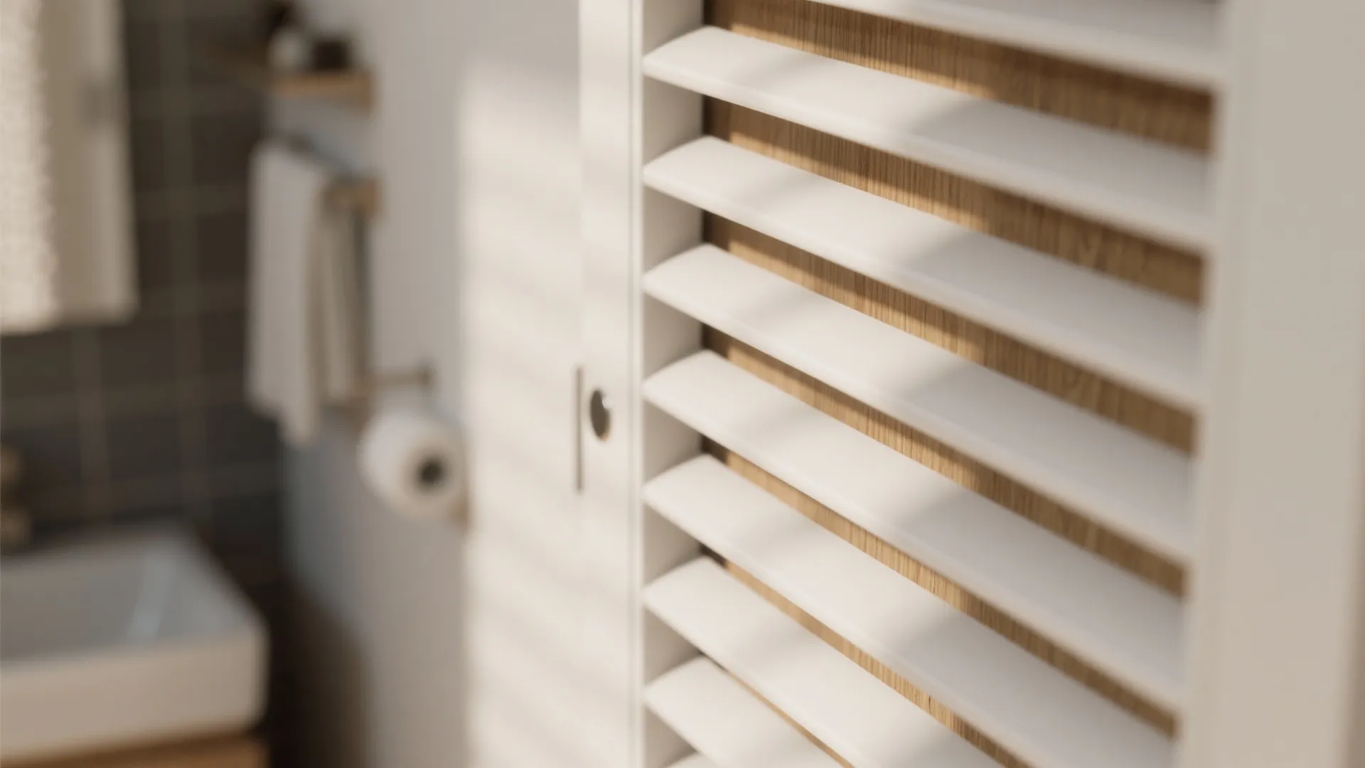 Close up of white wood door with slats showing bathroom interior with sink and towel