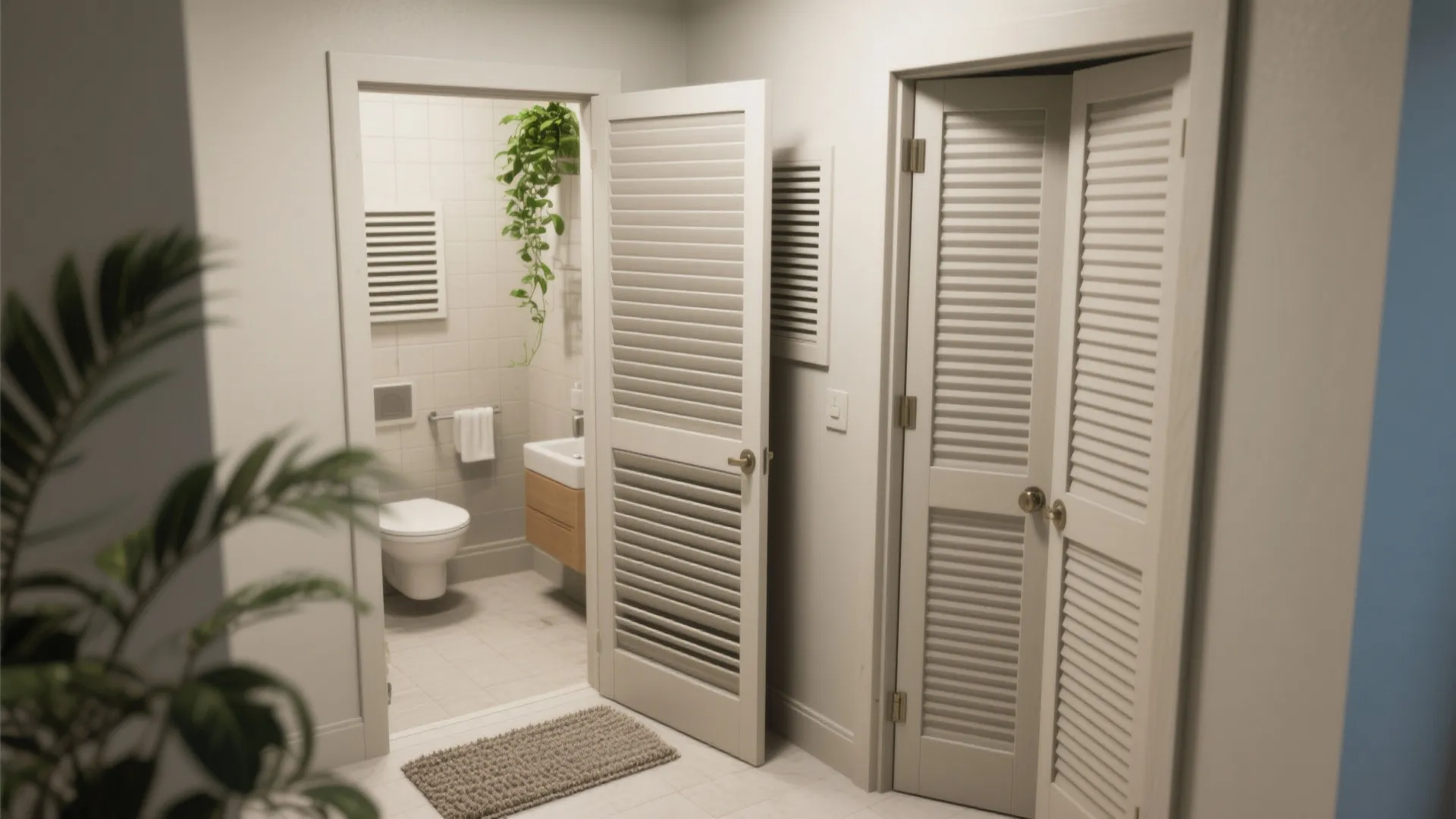 Modern white bathroom featuring slatted wood doors with hanging plants and clean white tiled walls