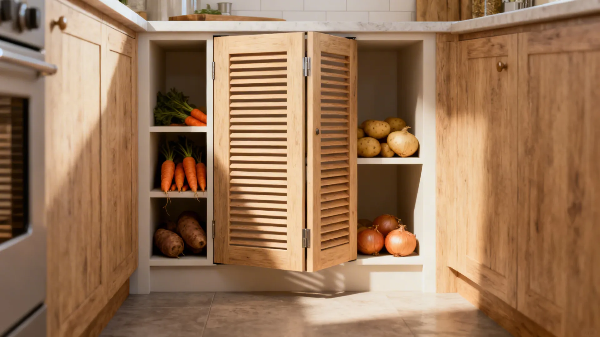Bi-fold pantry door with slim louvered panels in a small kitchen, showing airflow and adjacent narrow shelving.
