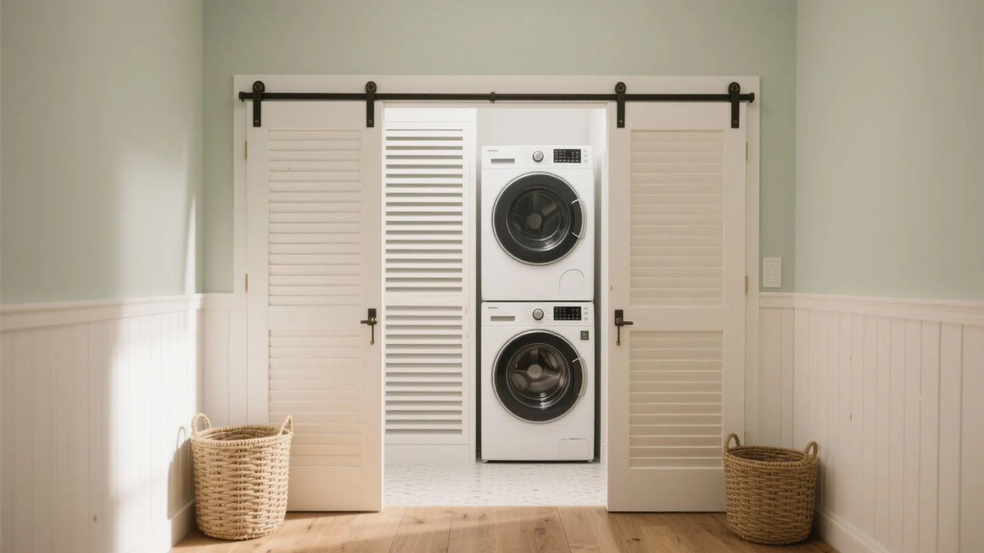Stacked white washer and dryer units behind open white louvered sliding doors with two baskets