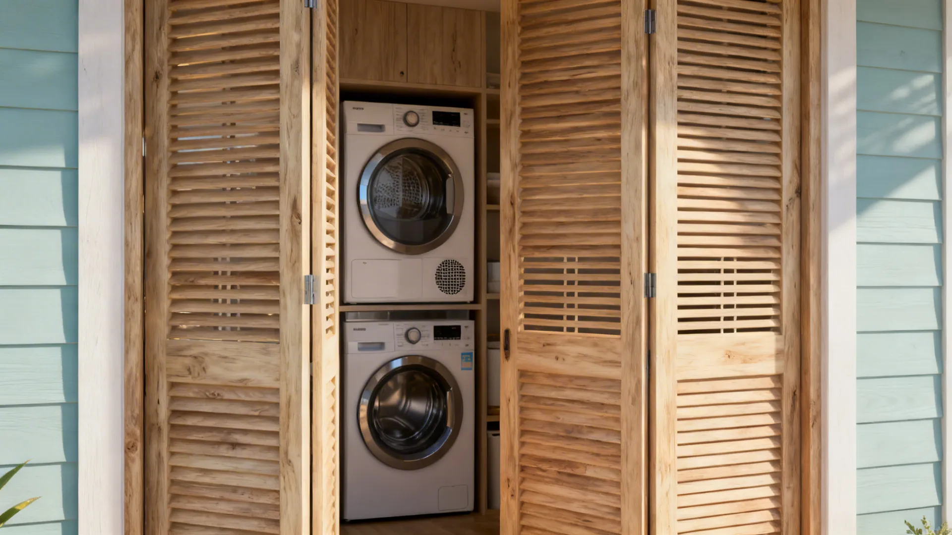 Stacked washing machine and dryer inside outdoor wooden closet with open slatted doors and blue walls
