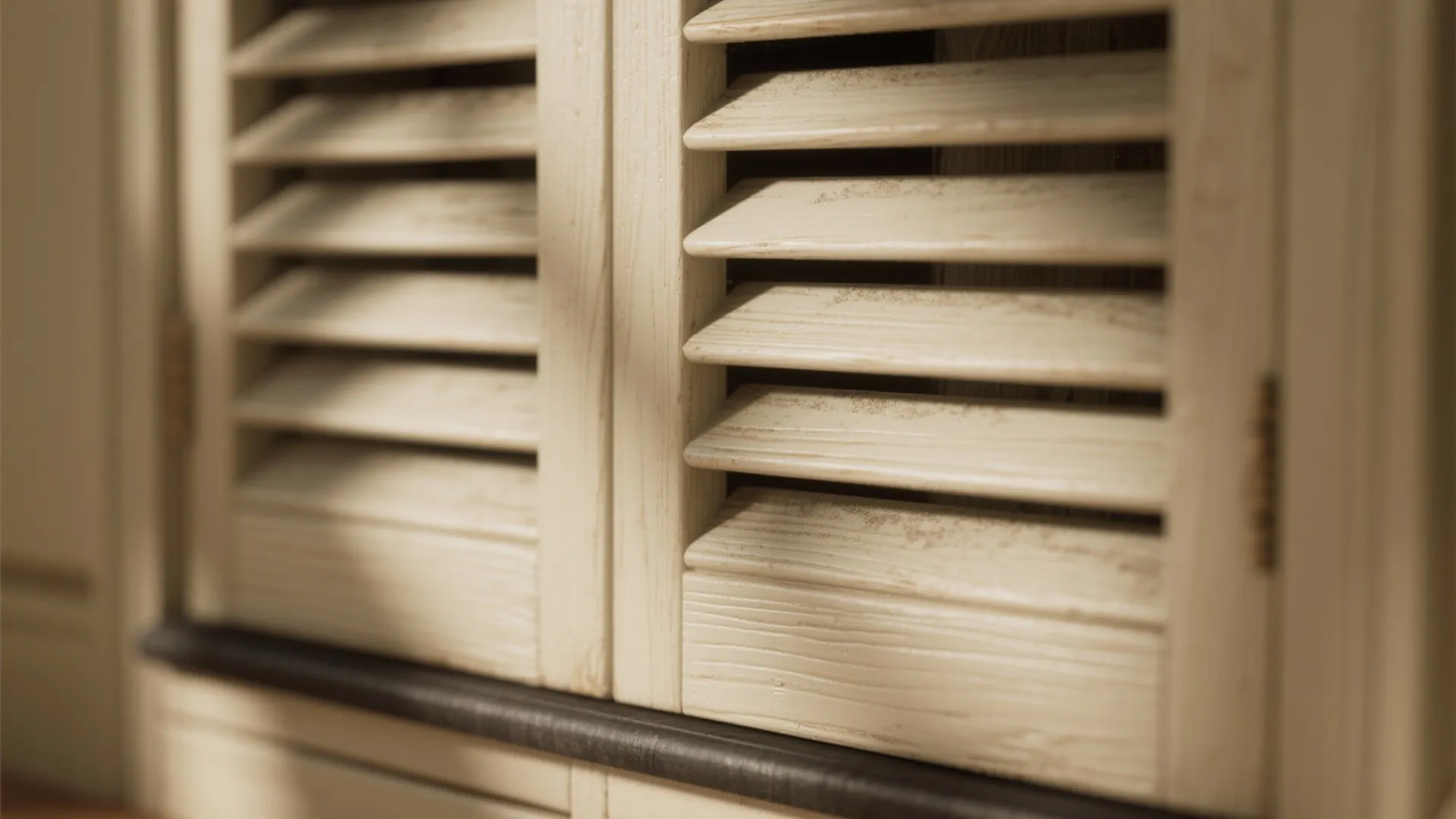 Close up of cream wooden window shutters showing horizontal slats and a dark metal base