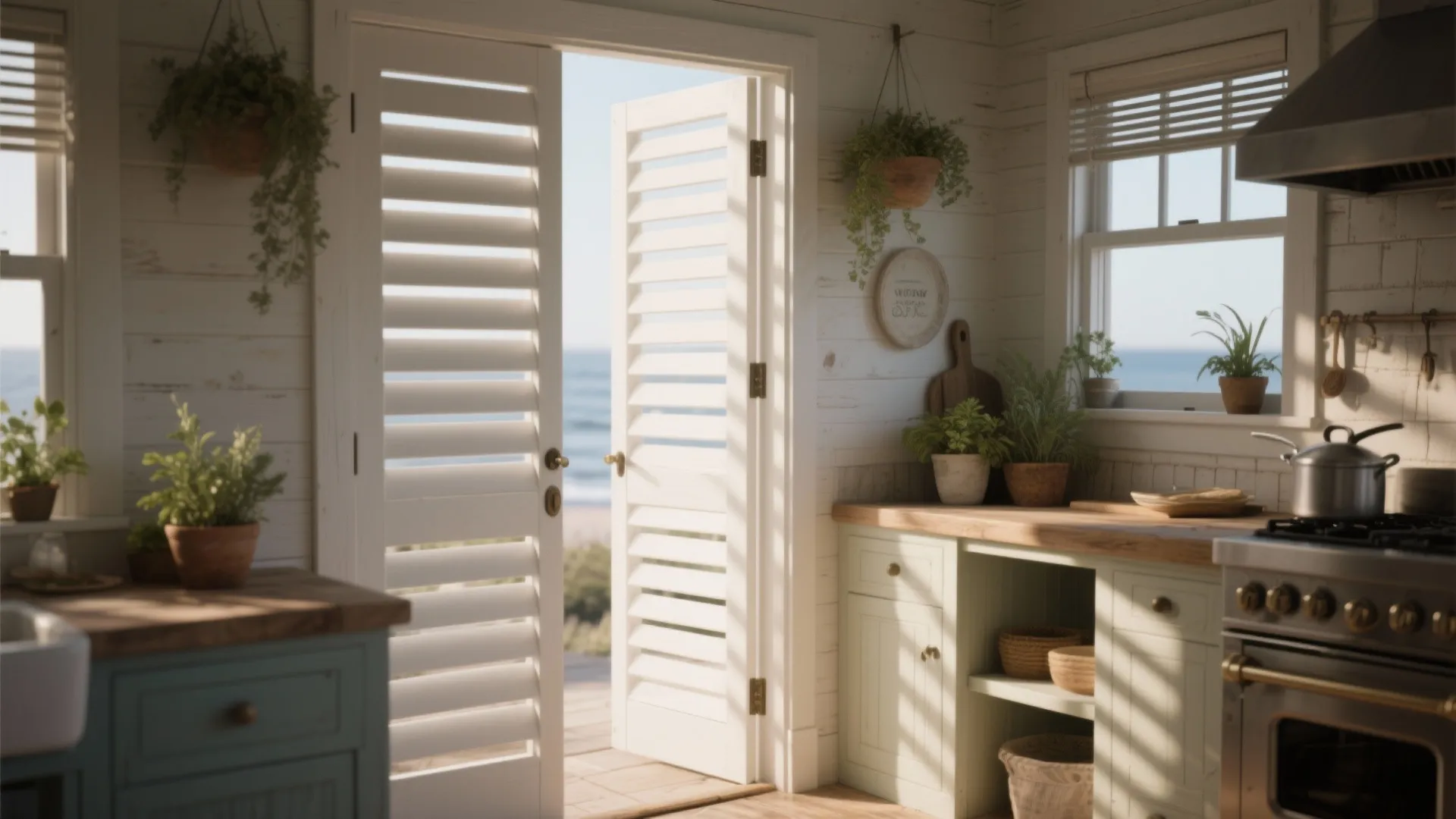 Bright white kitchen with wooden counters and open white louvered doors leading to the sea
