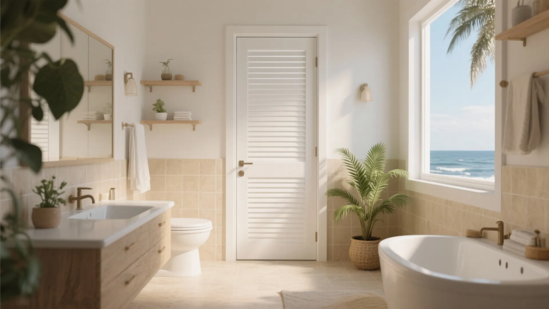 Coastal bathroom style with classic white louvered door