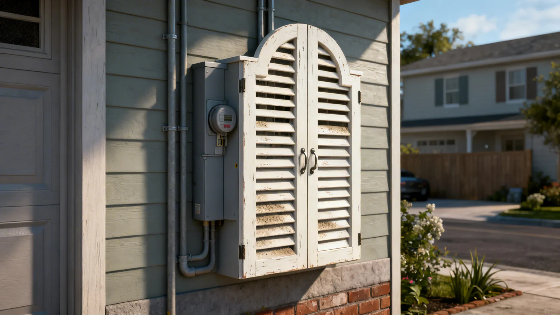 Decorative louvered door over an electrical panel allowing ventilation and concealment.