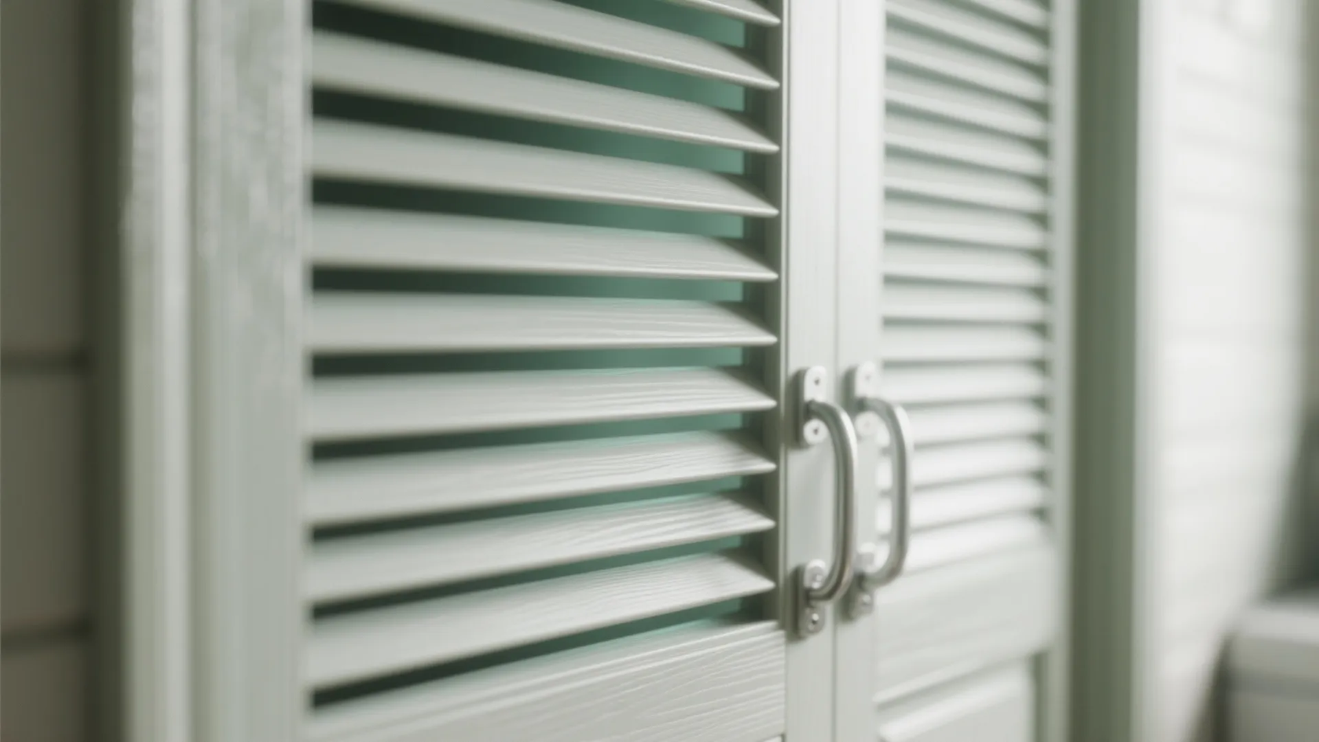 Close up of light green cabinet doors with horizontal wood slats and silver metal handle design