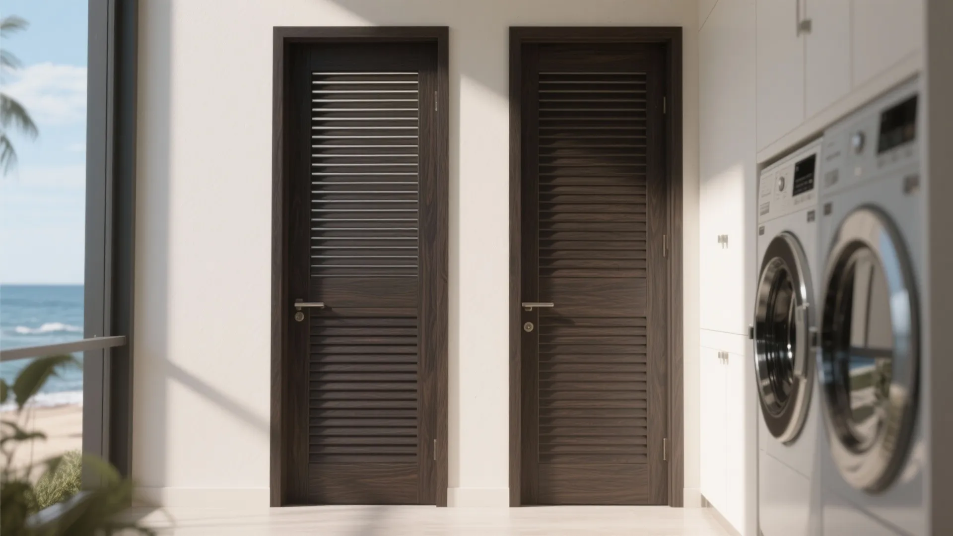 Laundry room with two dark wood slatted doors next to white cabinets and washing machines