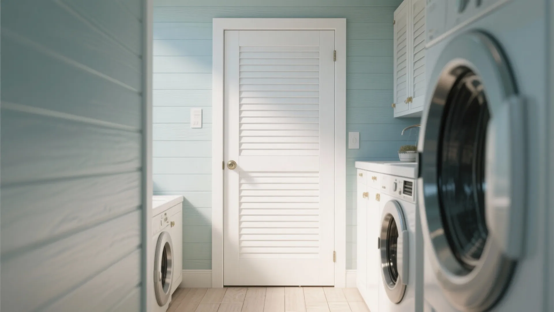 Light blue laundry room with white louvered door positioned between washing machine and wall storage cabinet