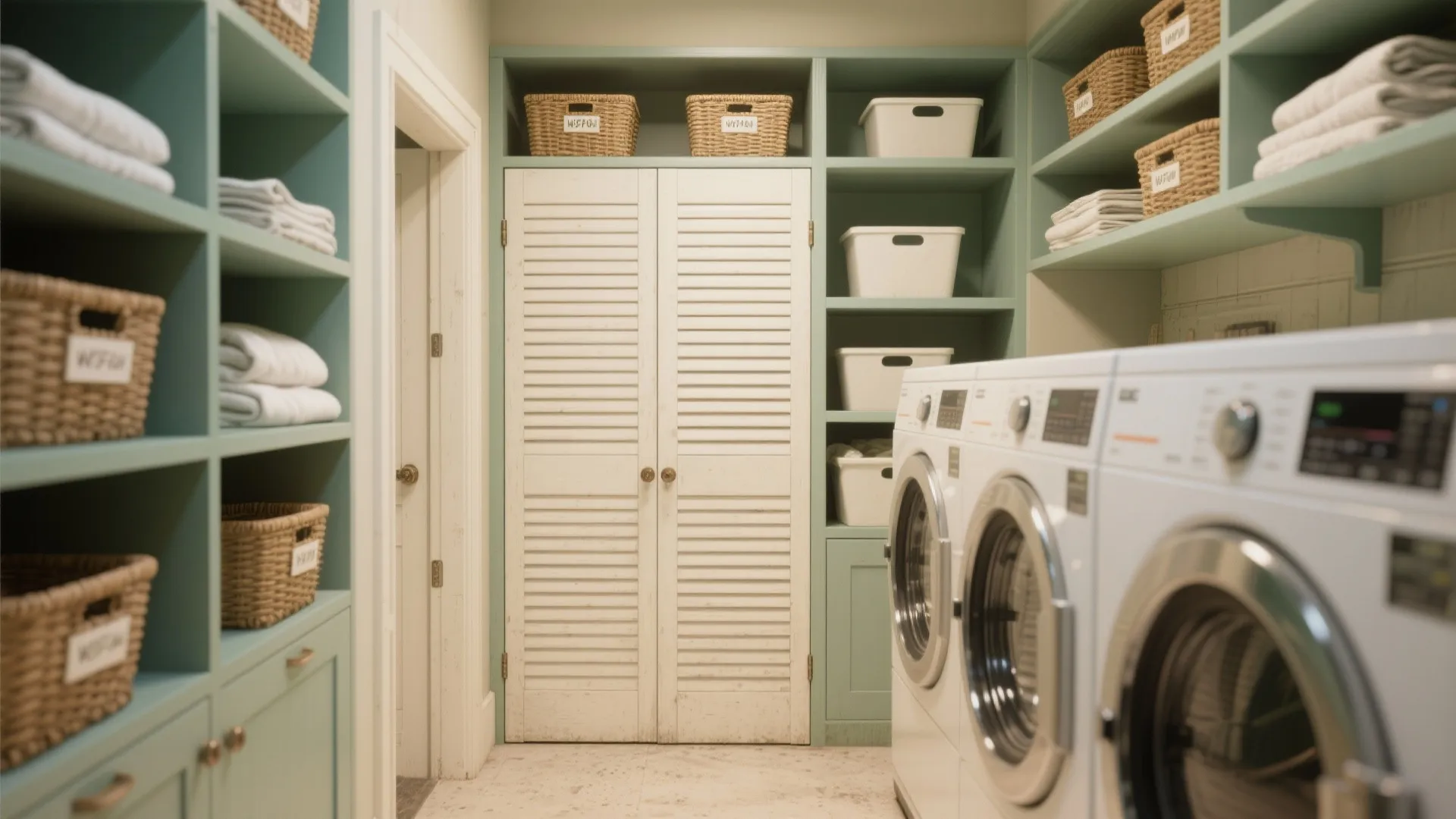 5. Concealed machines behind louvered doors and open shelving for linens