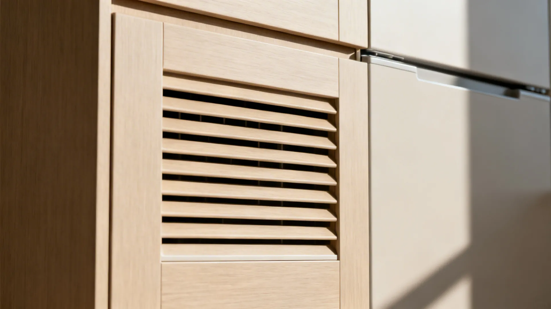 Macro detail of louvered ventilation panel on a tall kitchen appliance cabinet.