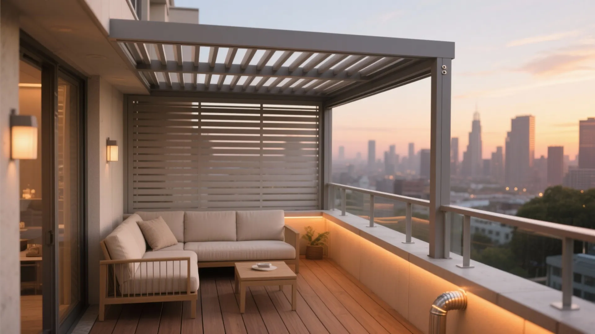 Modern rooftop balcony with louvered roof cover plus tan sofa and city skyline during sunset