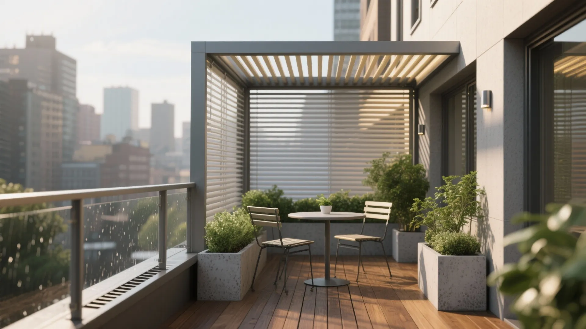 Adjustable louvered pergola for all-weather control