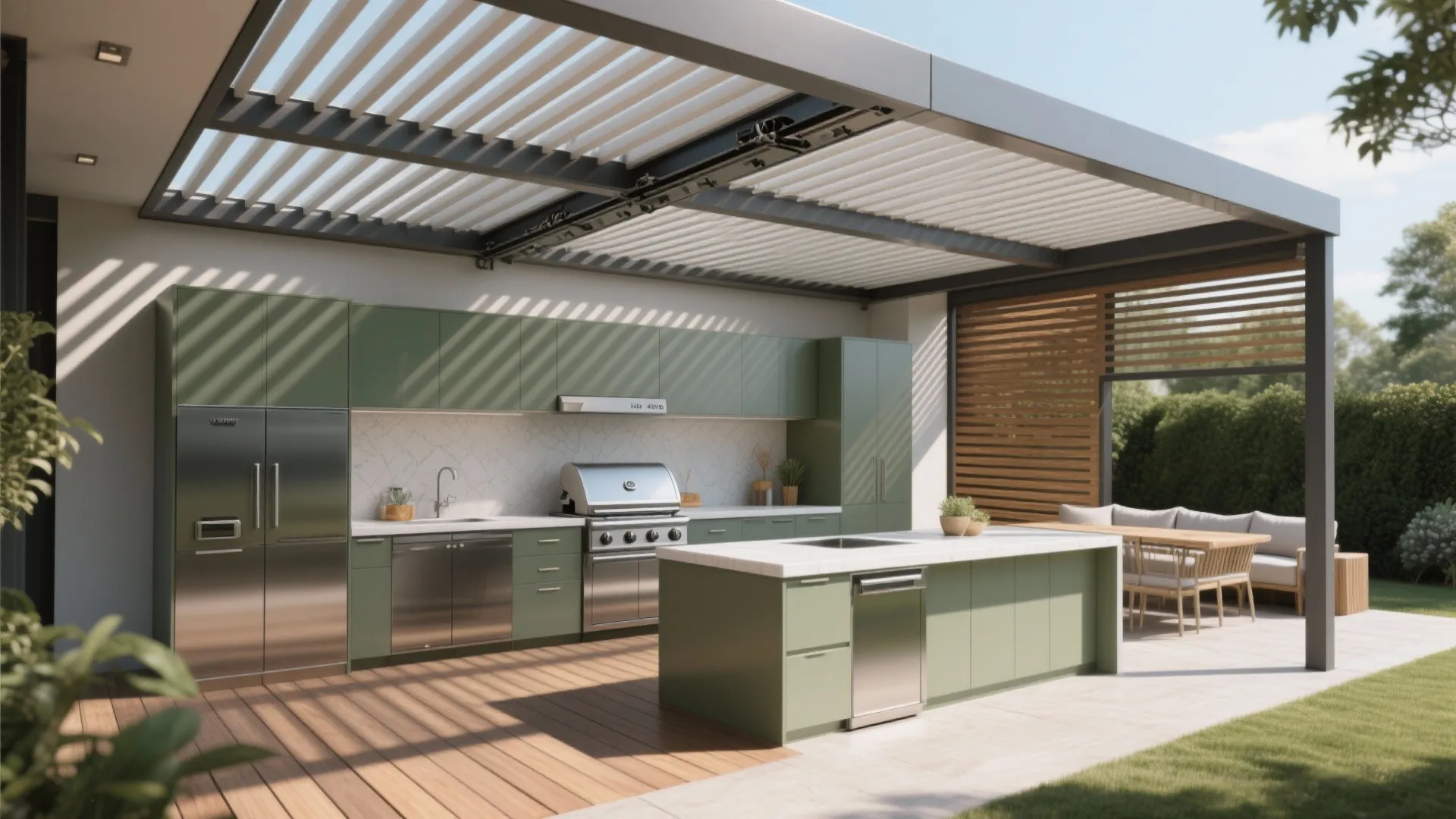 Outdoor green kitchen under metal roof with large island stainless steel appliances and wooden deck flooring
