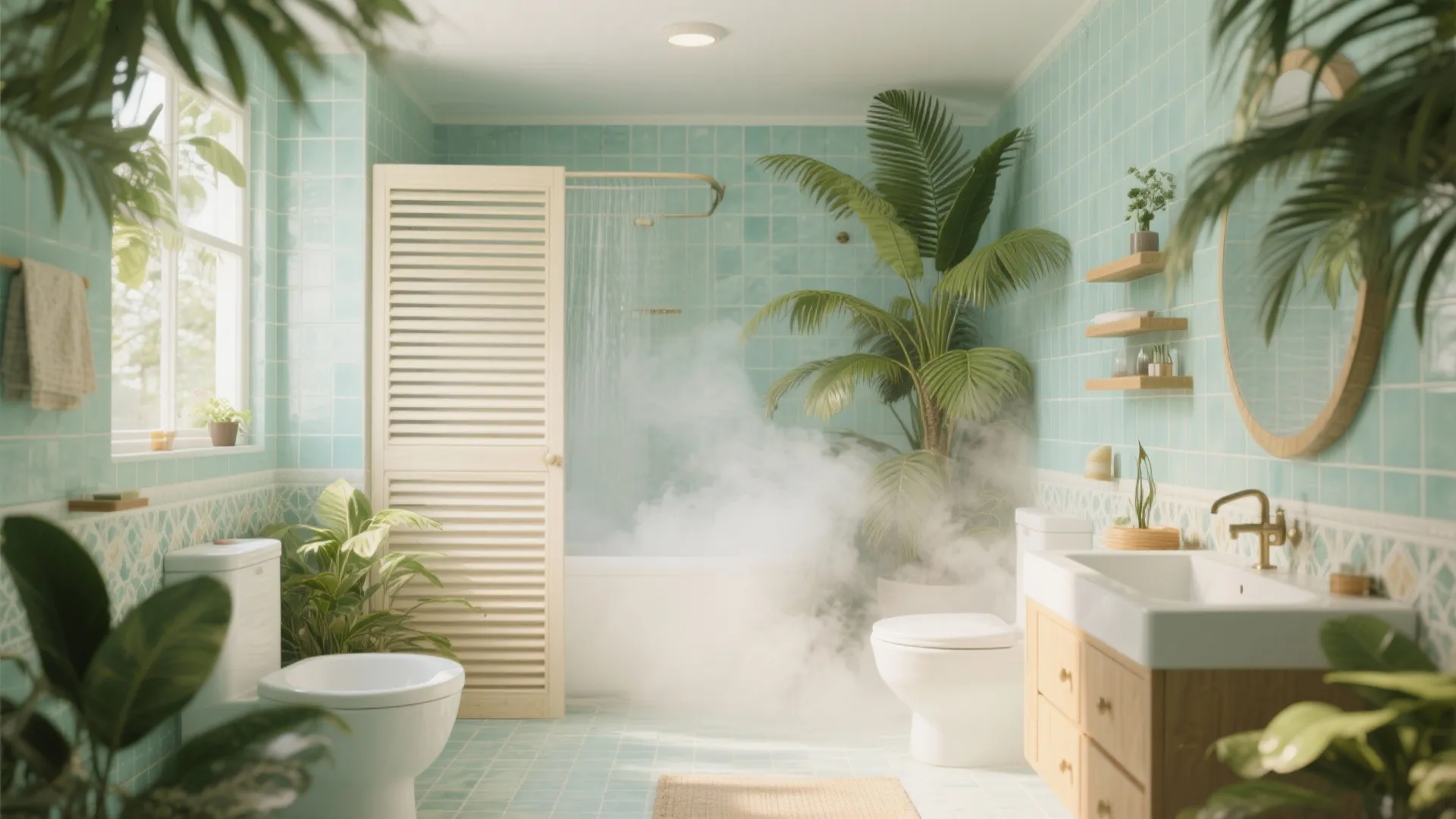 Steamy bathroom with light blue wall tiles white toilet bathtub wooden cabinet and green tropical plants