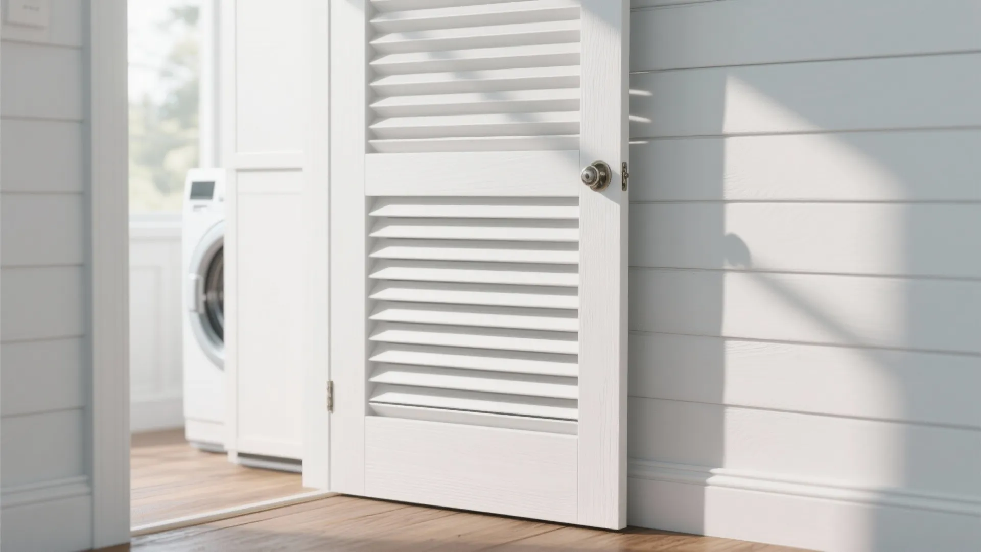 White wood door with slats opening into a laundry room with a white washing machine