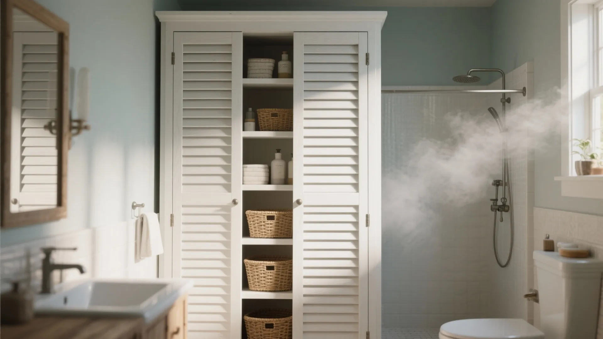 Tall louvered bathroom cabinet near shower with baskets inside, showing ventilation.