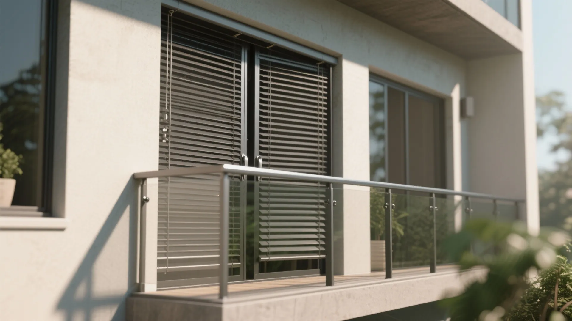 Modern apartment balcony with black window blinds glass handrail and light colored stone exterior wall panels