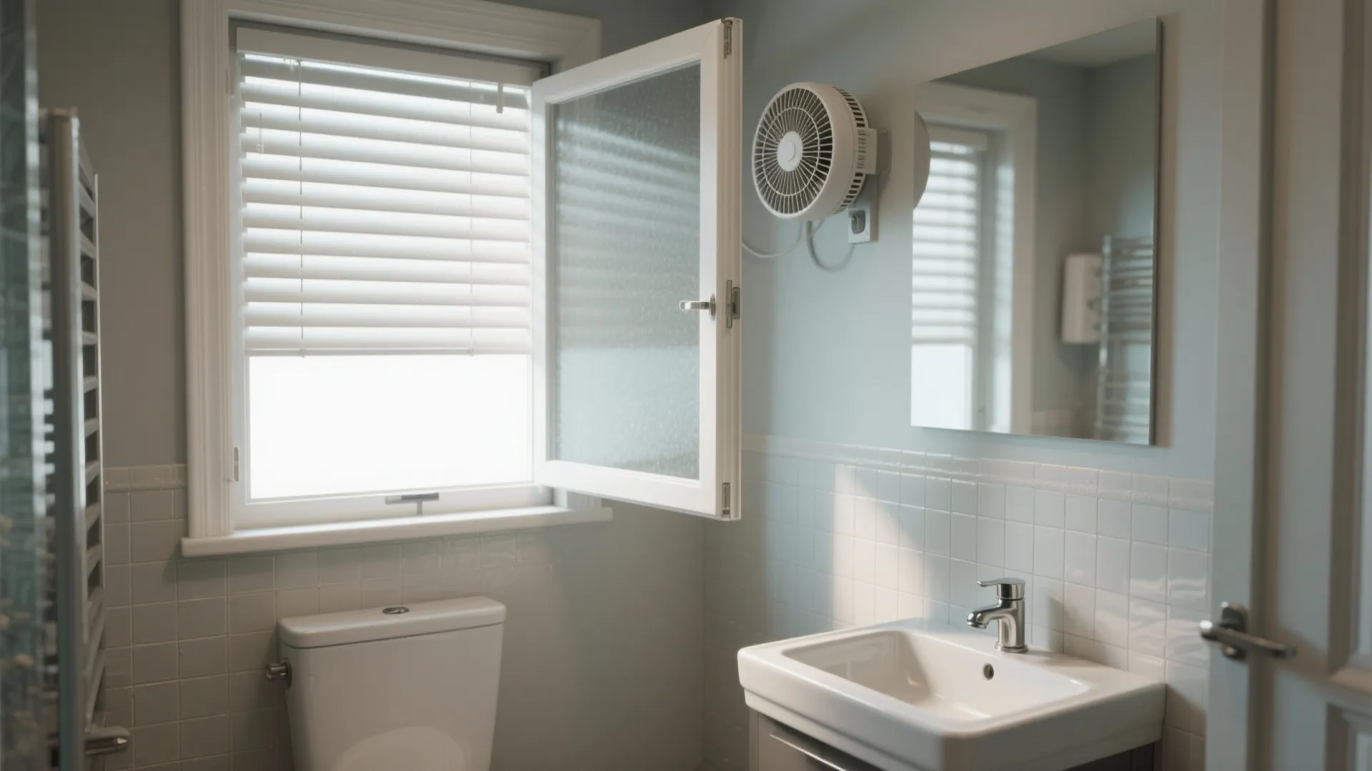 Frosted Louvers + Window-Mounted Exhaust Fan