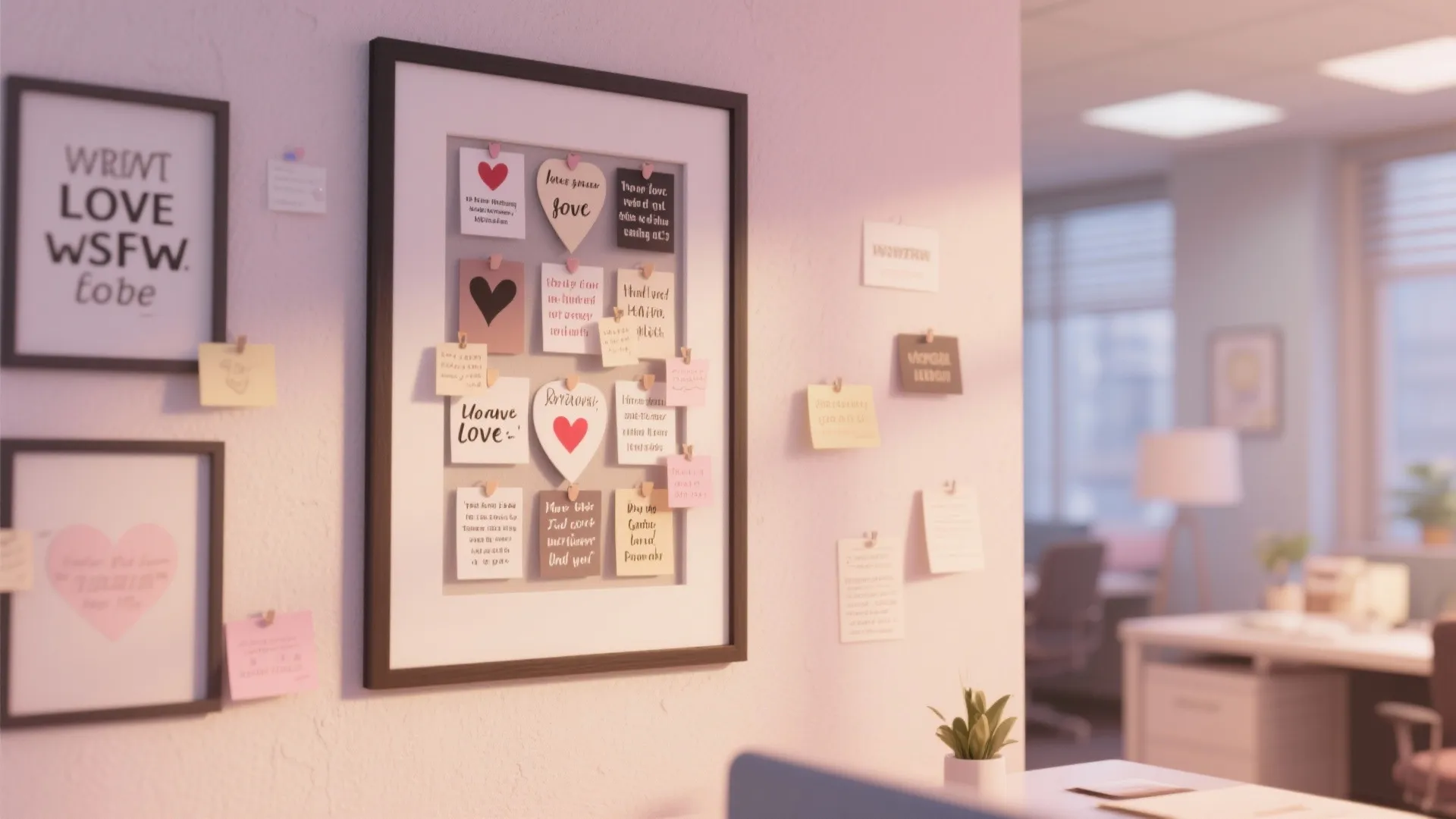 Wall with picture frames and colorful notes containing love messages in a modern office interior