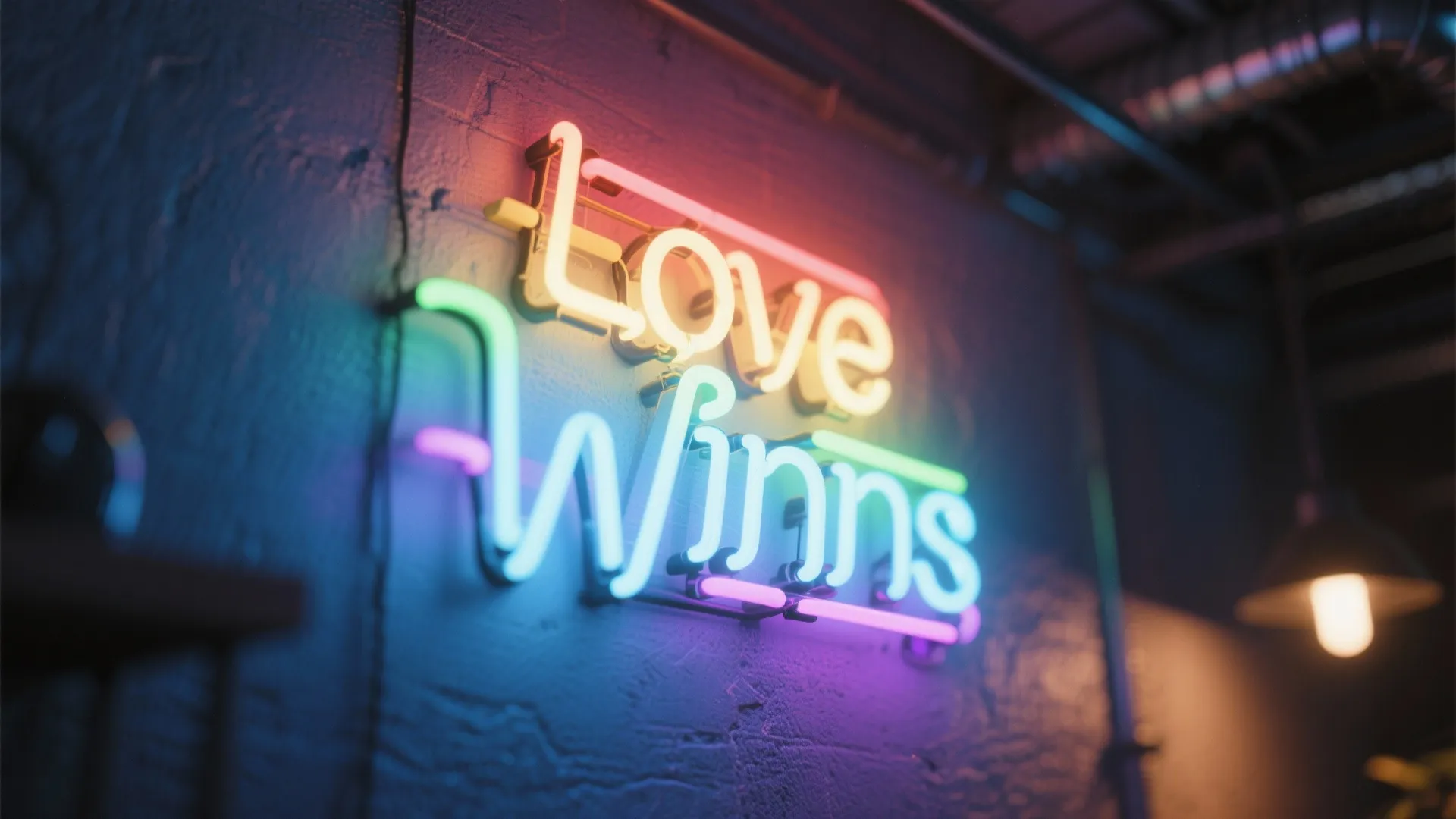 Neon sign reading Love Wins with soft rainbow LED glow