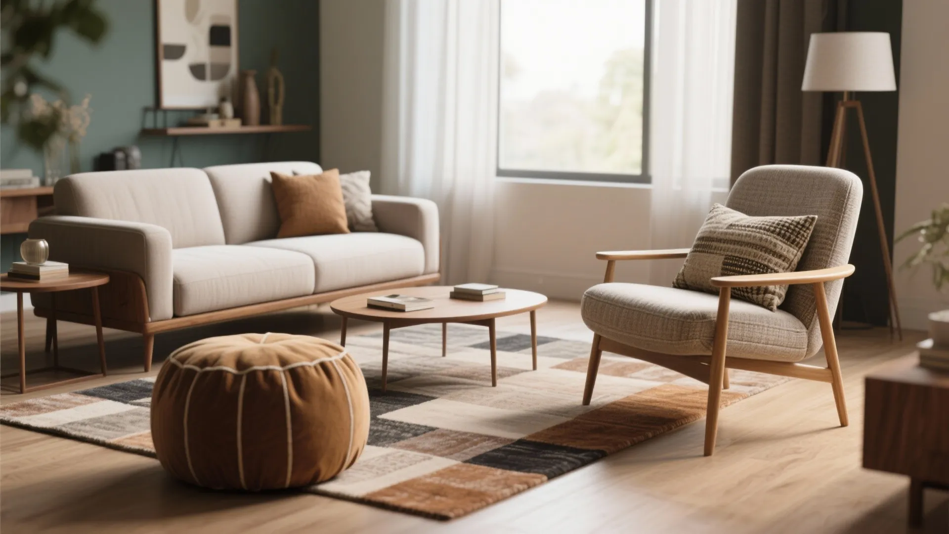 Modern living room featuring beige sofa grey armchair round coffee table floor lamp and brown footrest