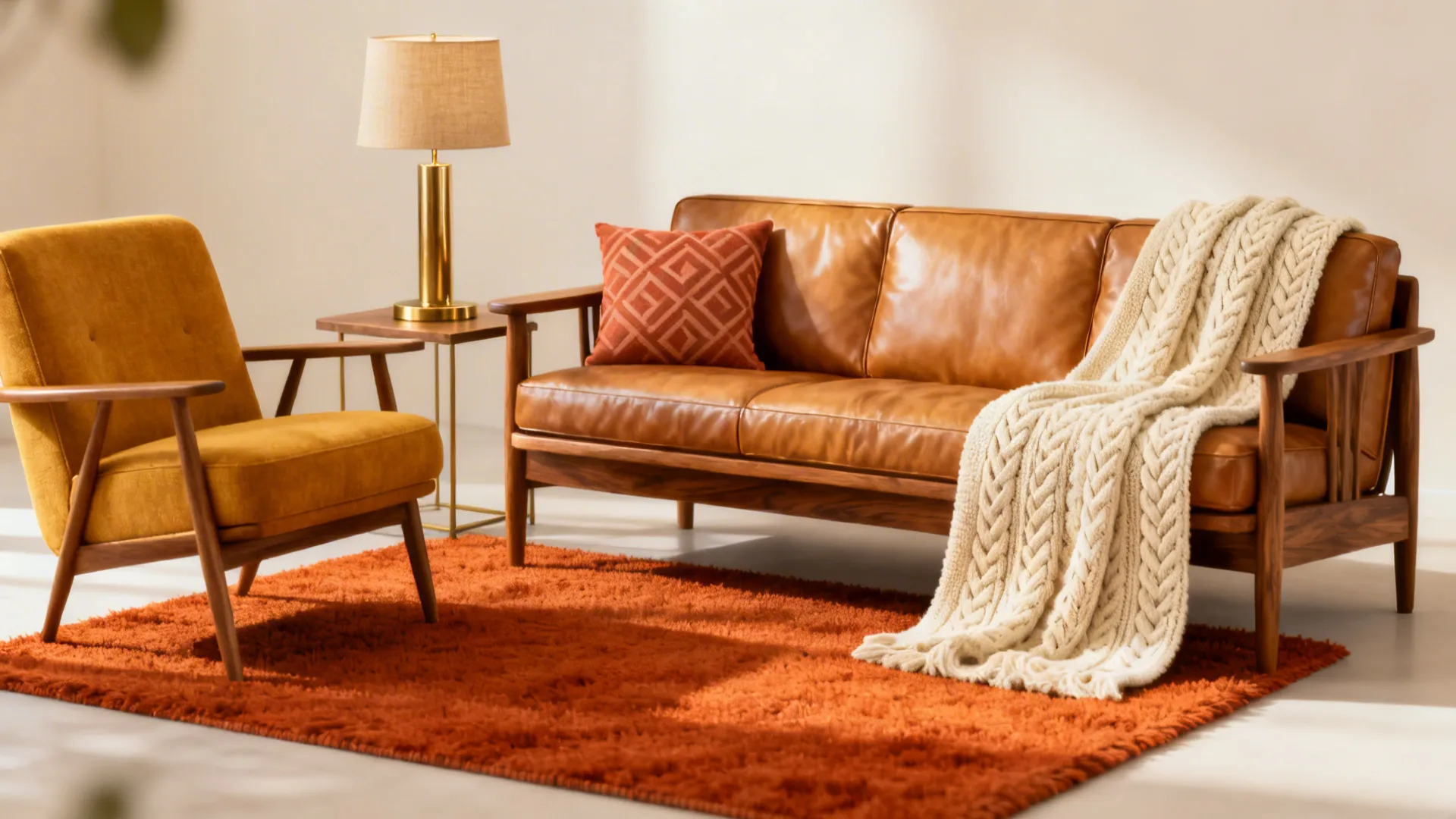 Leather loveseat paired with a fabric accent chair creating a balanced cozy seating area.