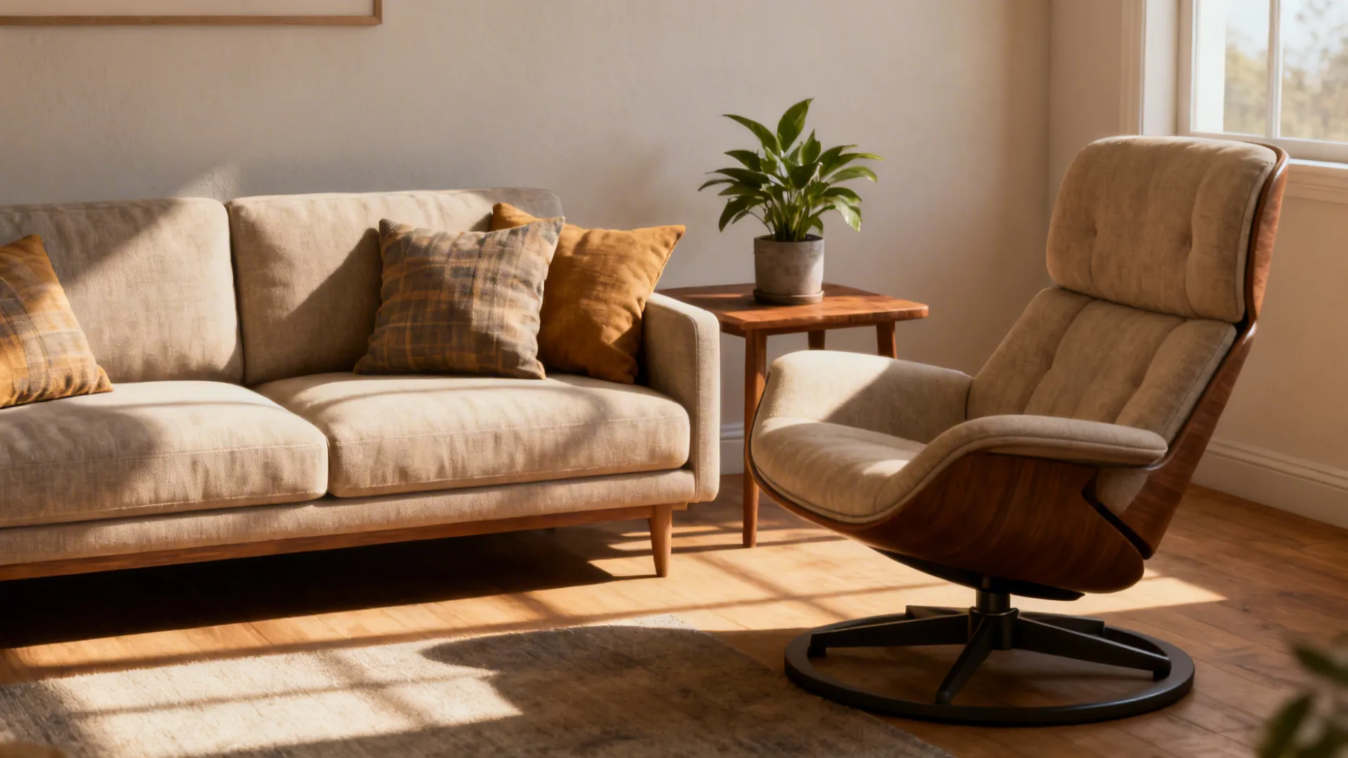 Loveseat paired with an accent swivel chair forming a cozy conversation nook in a small living room.