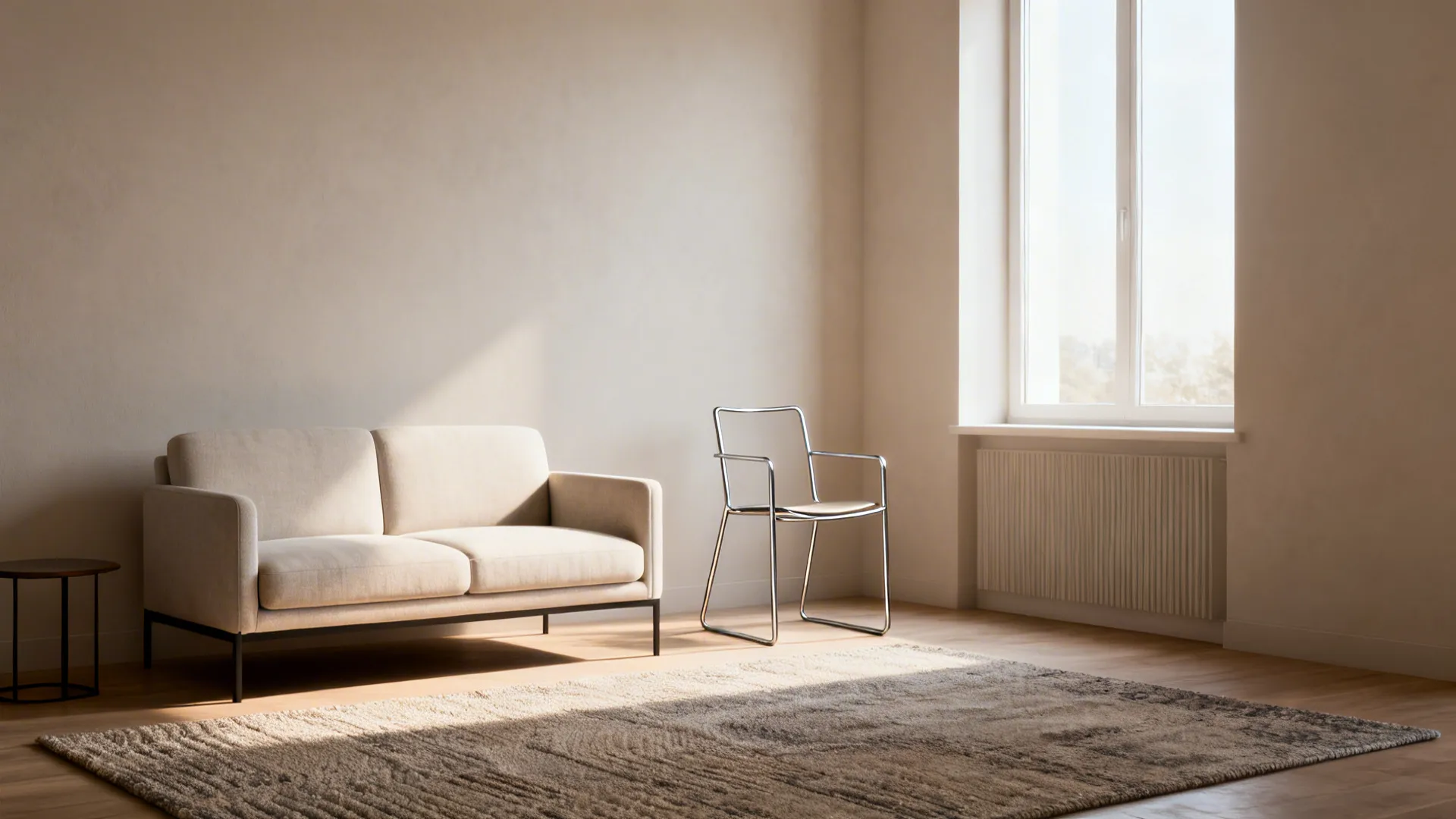 Small loveseat paired with a slim metal-frame accent chair leaving open space and light flow.