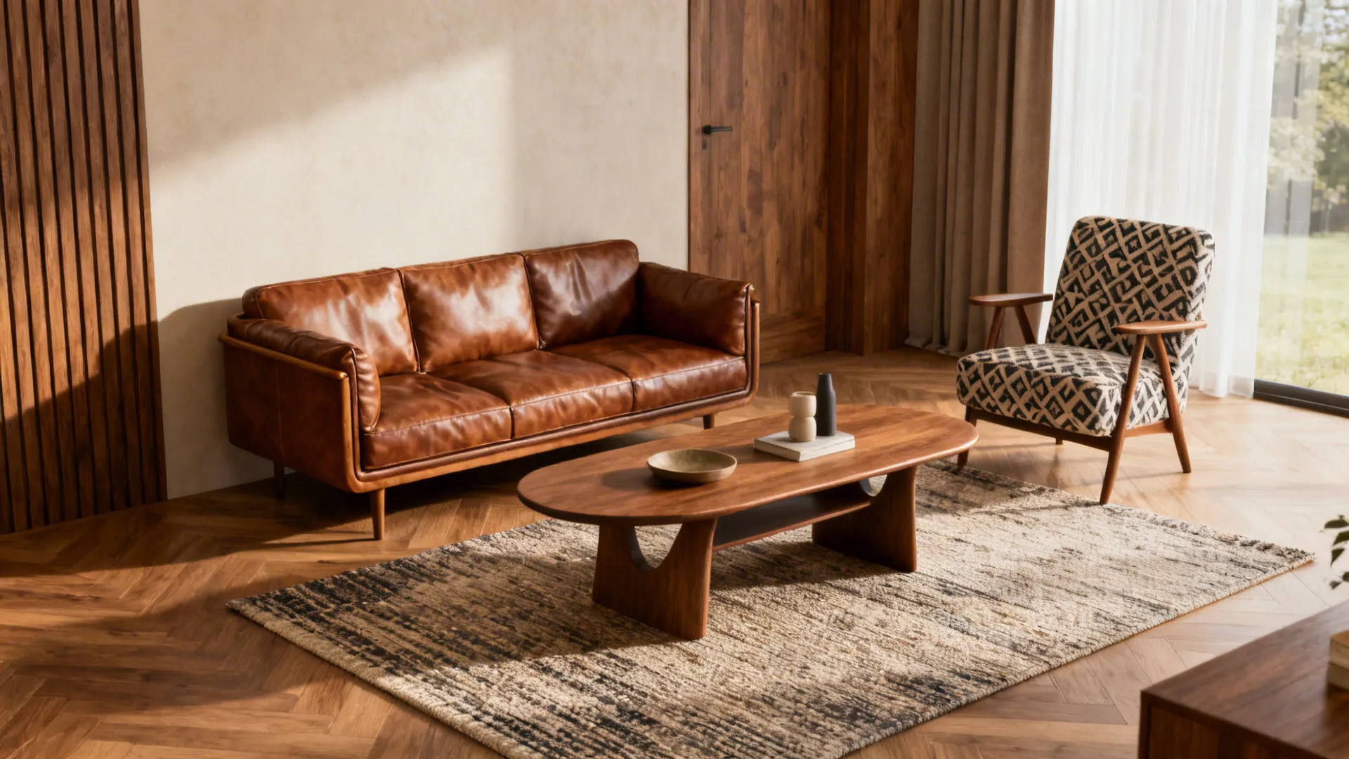 Small living area with a compact leather loveseat and a patterned accent chair creating flexible seating