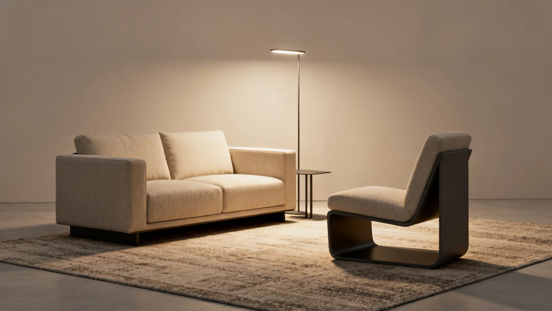 Loveseat paired with a cantilever accent chair and a slim side table in a compact living room.