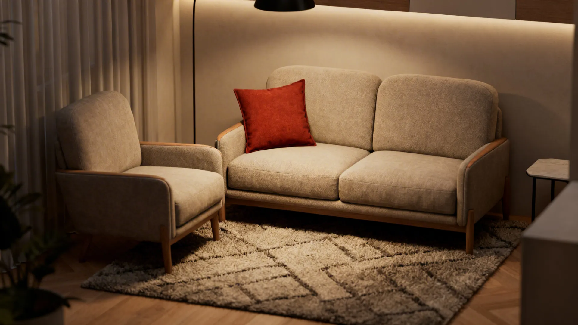 Compact loveseat and accent chair arranged for conversation in a small living room