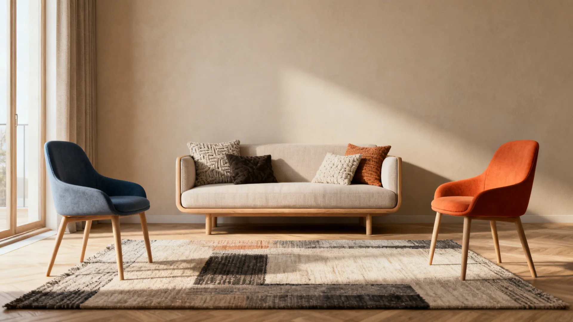 Compact loveseat with two accent chairs maintaining open sightlines in a small space.