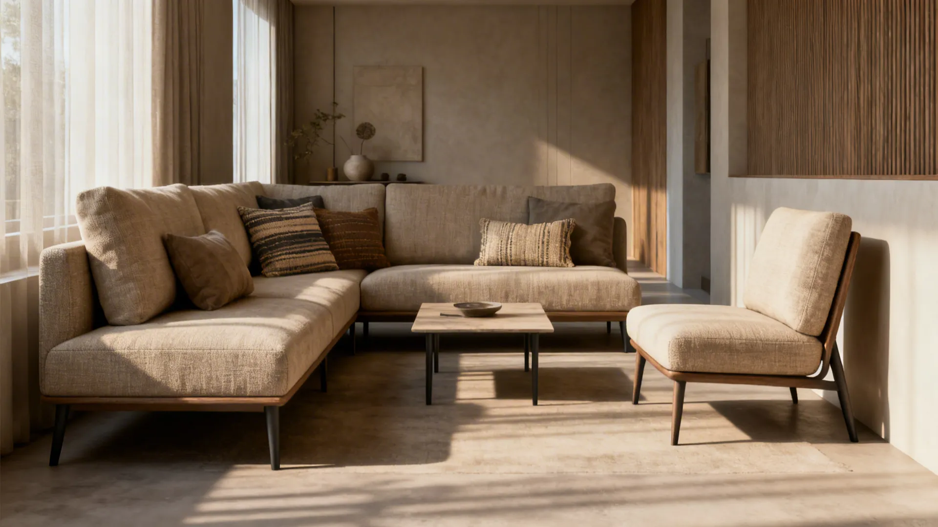 Narrow lounge with a compact loveseat and a slim armless accent chair creating open sightlines