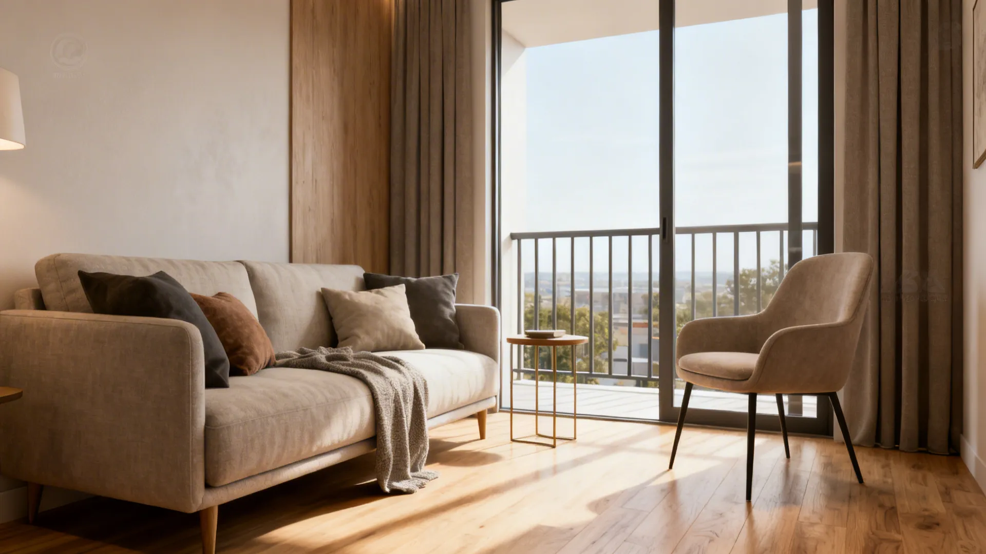 Loveseat paired with a slim accent chair opening sightlines to a balcony