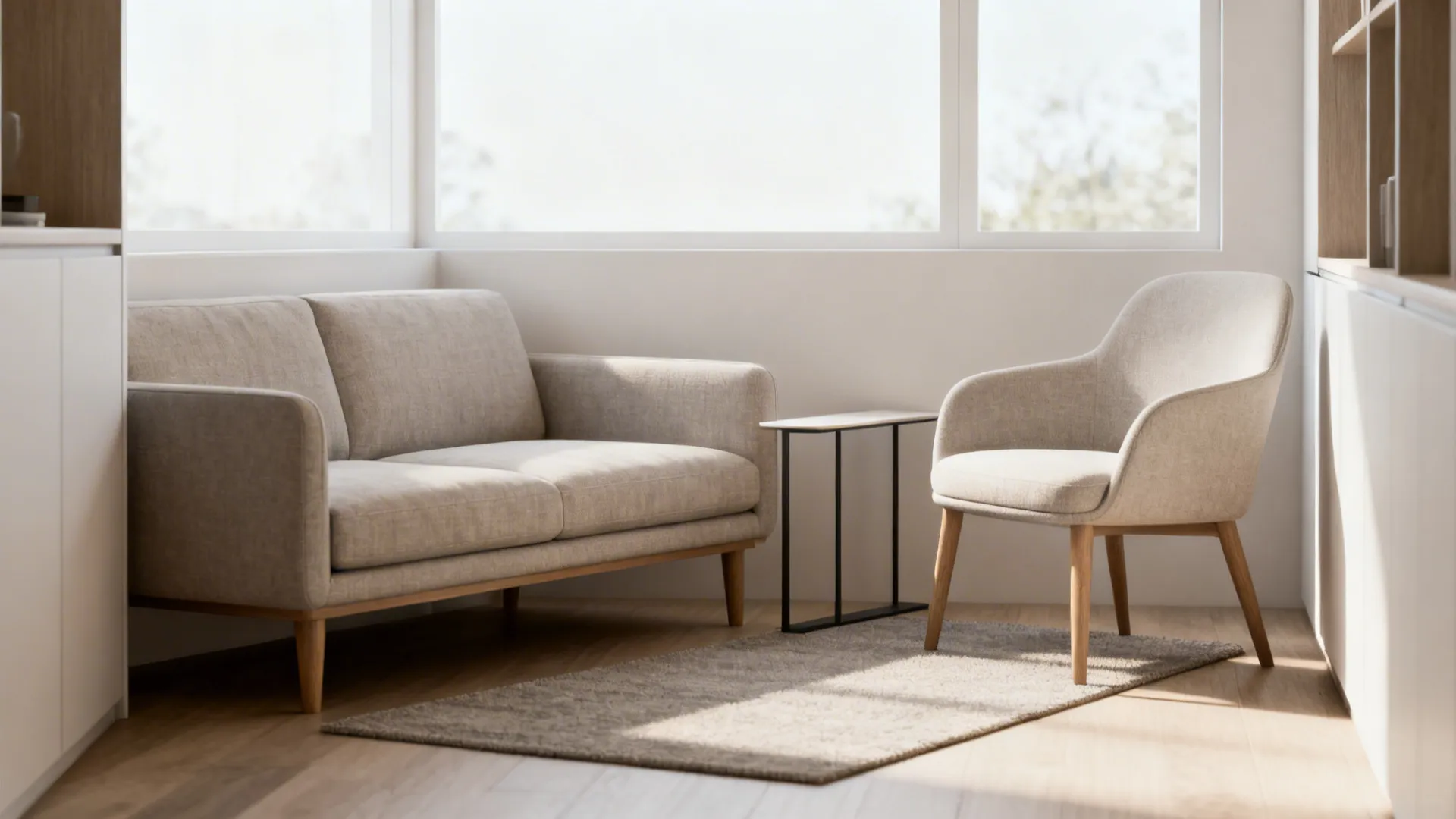 Loveseat and lightweight accent chair with narrow side table creating an airy seating duo.