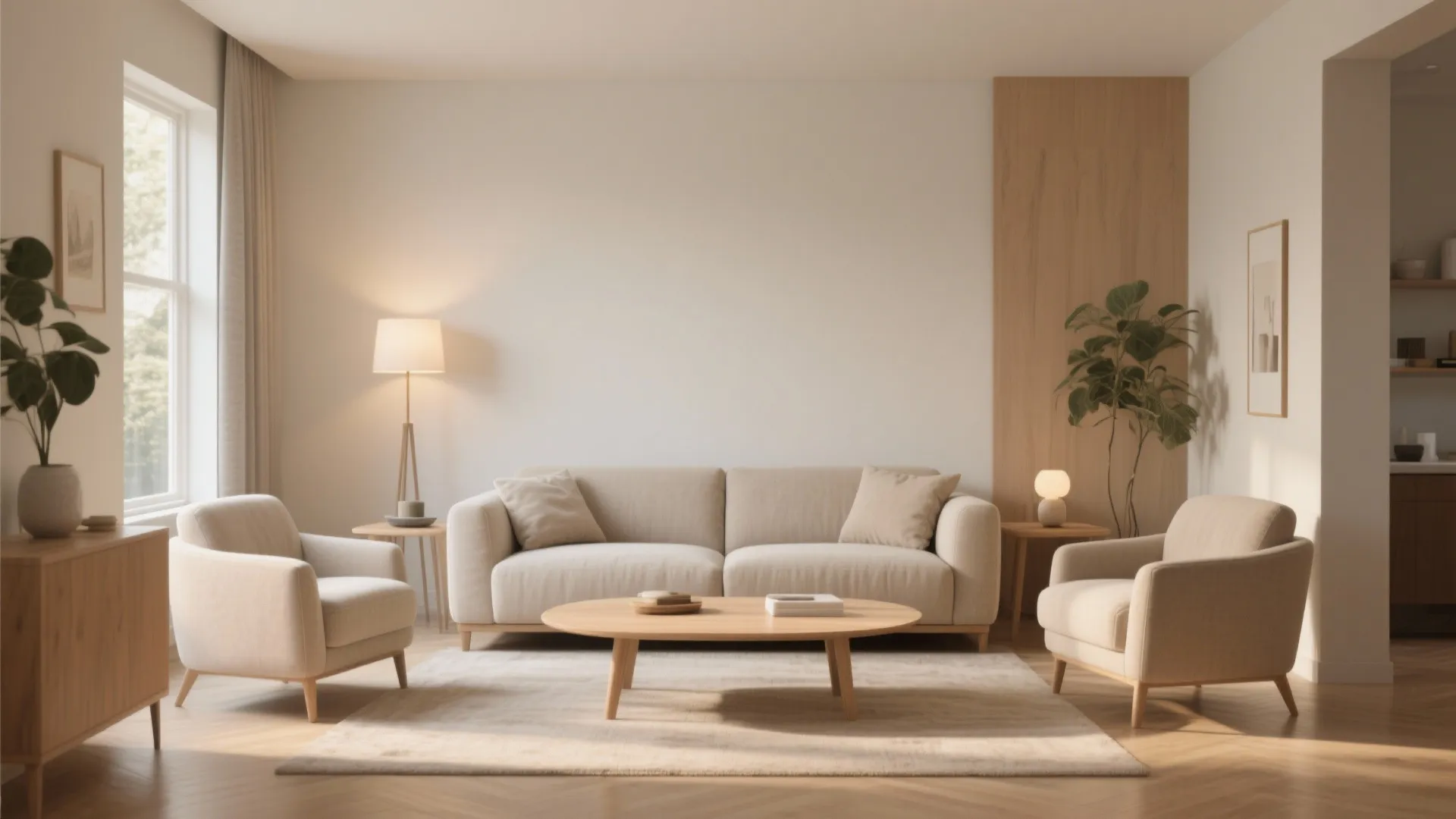 Bright minimal living room featuring beige sofa two armchairs wooden coffee table and floor lamp