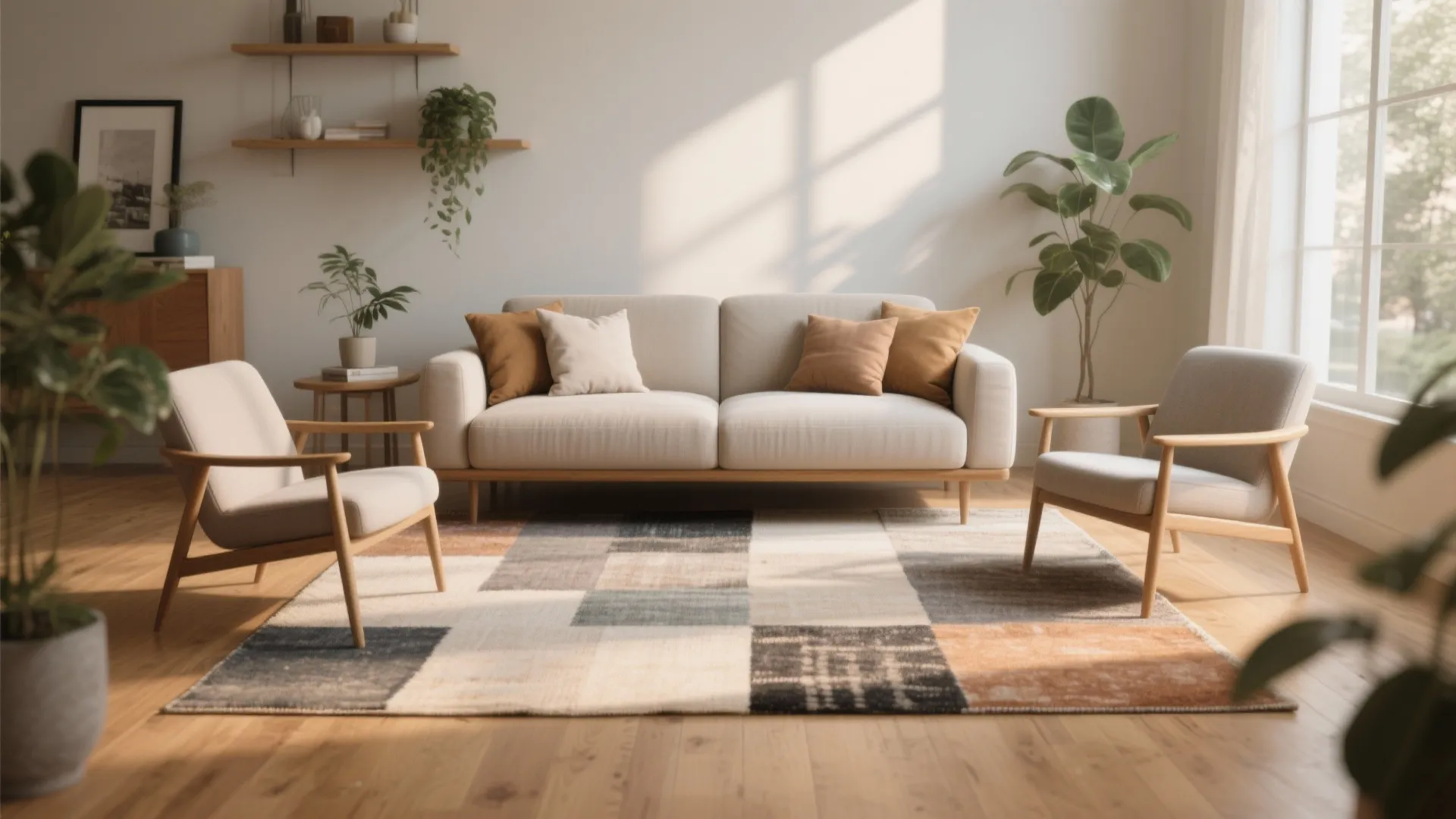 Bright living room with white sofa two chairs patterned rug wooden floor and green plants