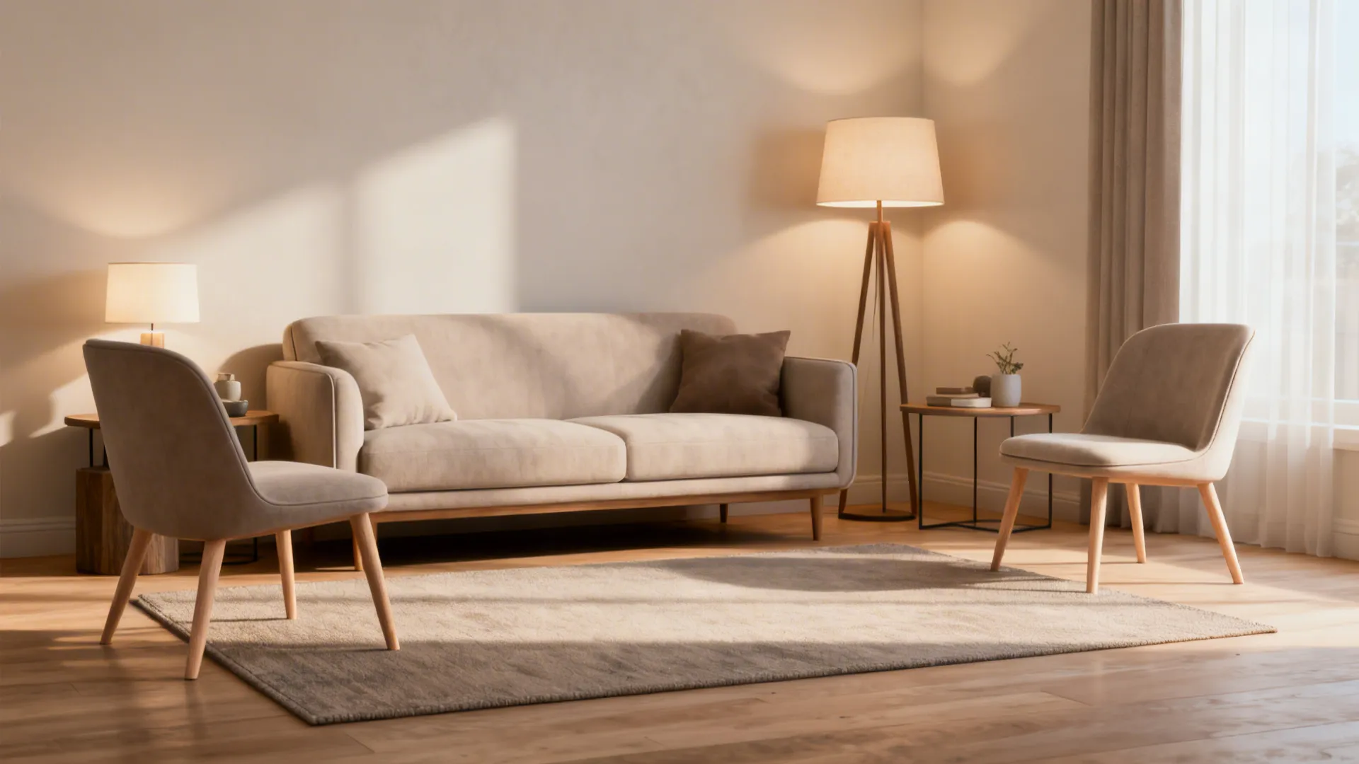 Loveseat and two slim armchairs with exposed legs forming a lightweight seating area
