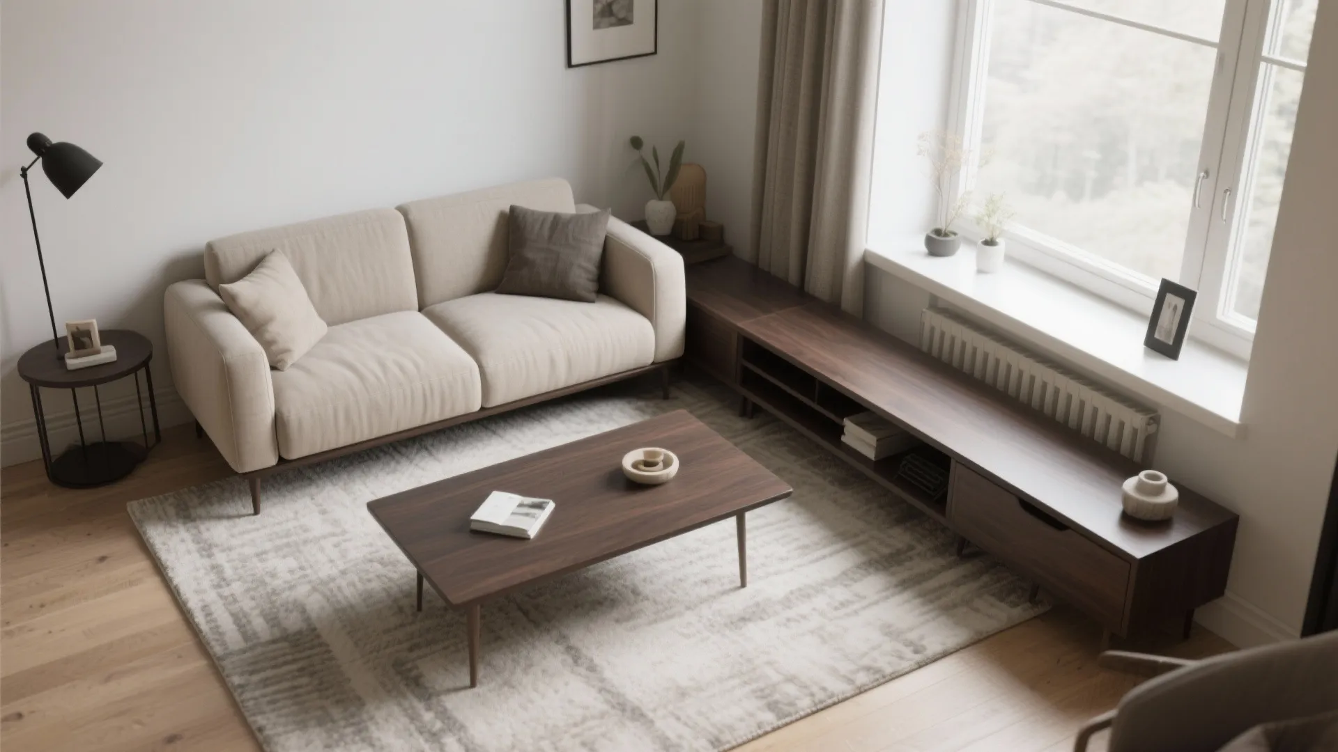 Beige sofa, dark wood coffee table, long wooden cabinet, rug, floor lamp and bright window