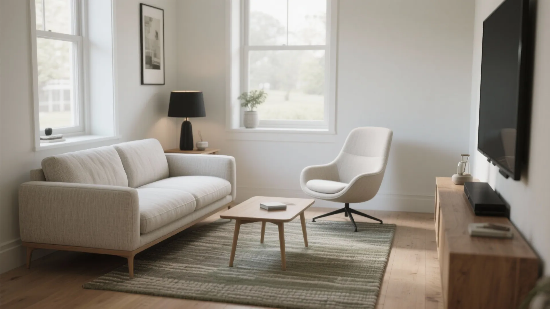 Neutral loveseat paired with a light swivel chair on one rug in a narrow small living room.