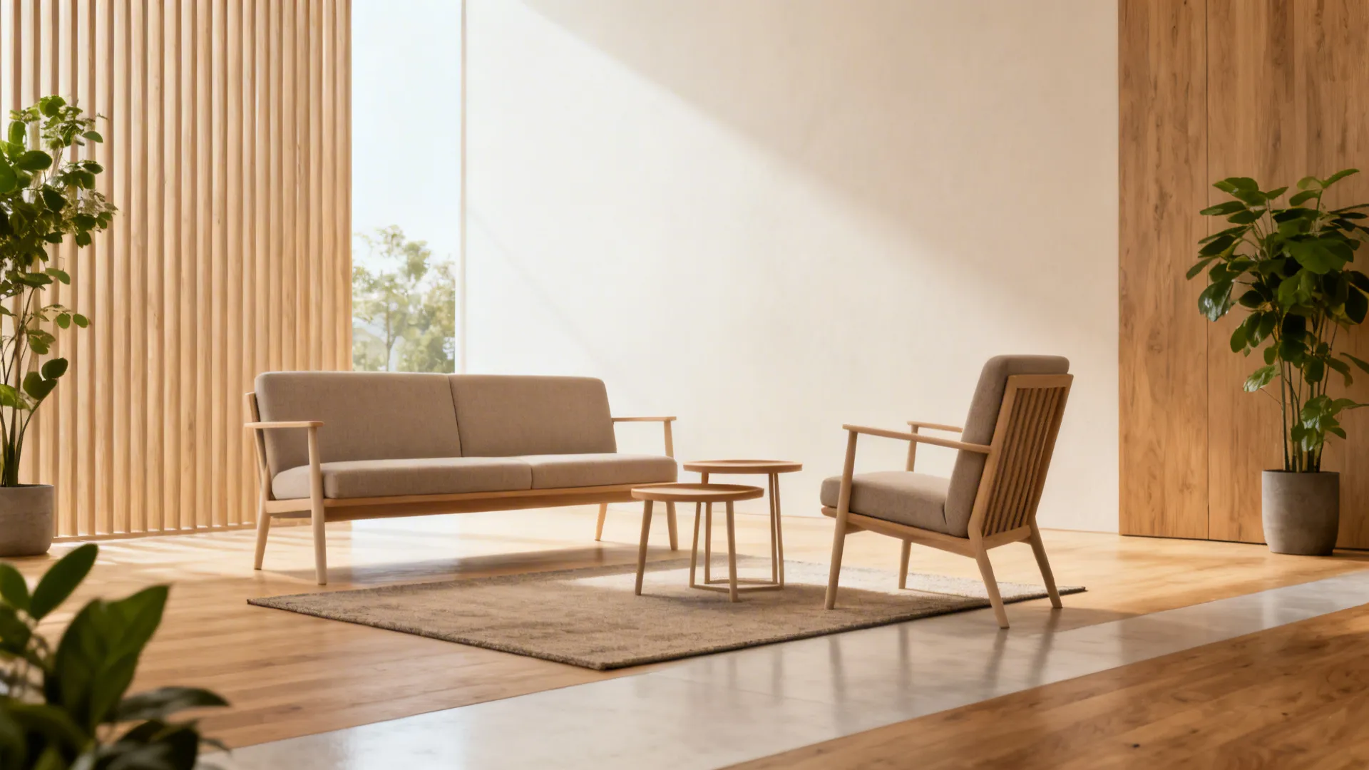 Bench-seat loveseat with a slim armless chair and nested tables on one rug.