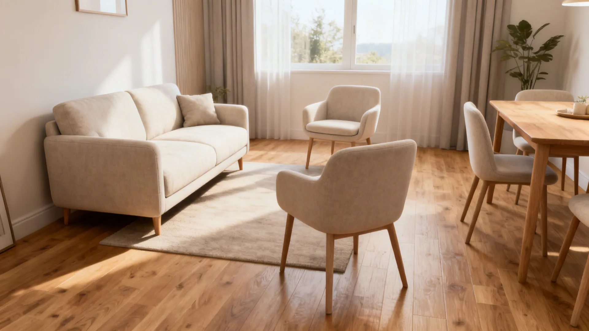 Compact loveseat with two movable accent chairs demonstrating flexible seating in a small room.