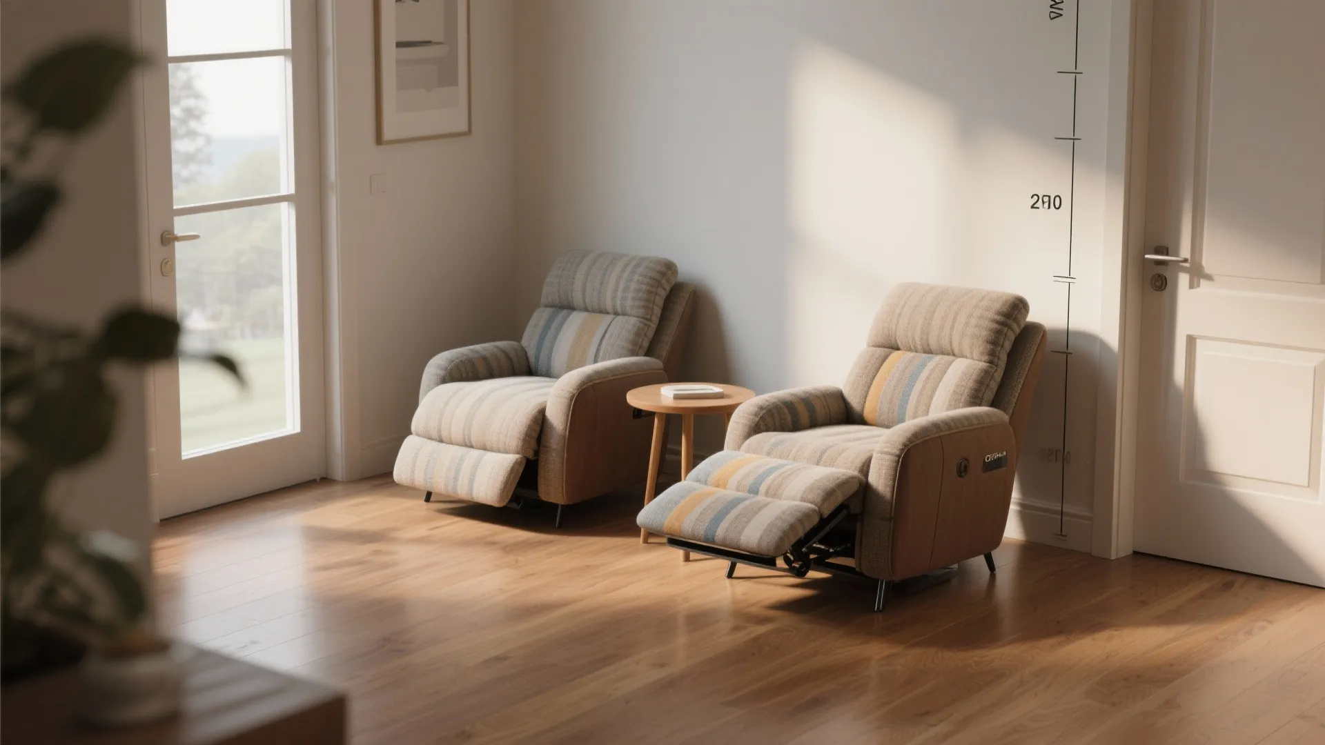 Two striped recliner sofas and a small wooden side table on a warm wood floor