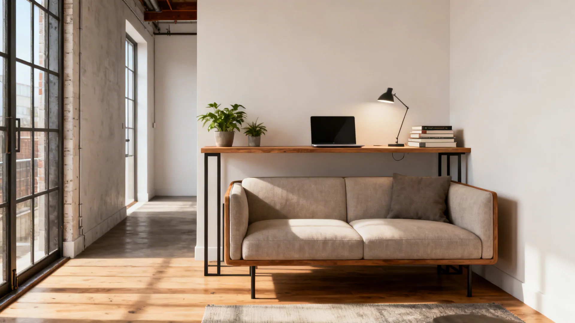 Loveseat with a slim console table behind serving as a mini-desk in a small living area.