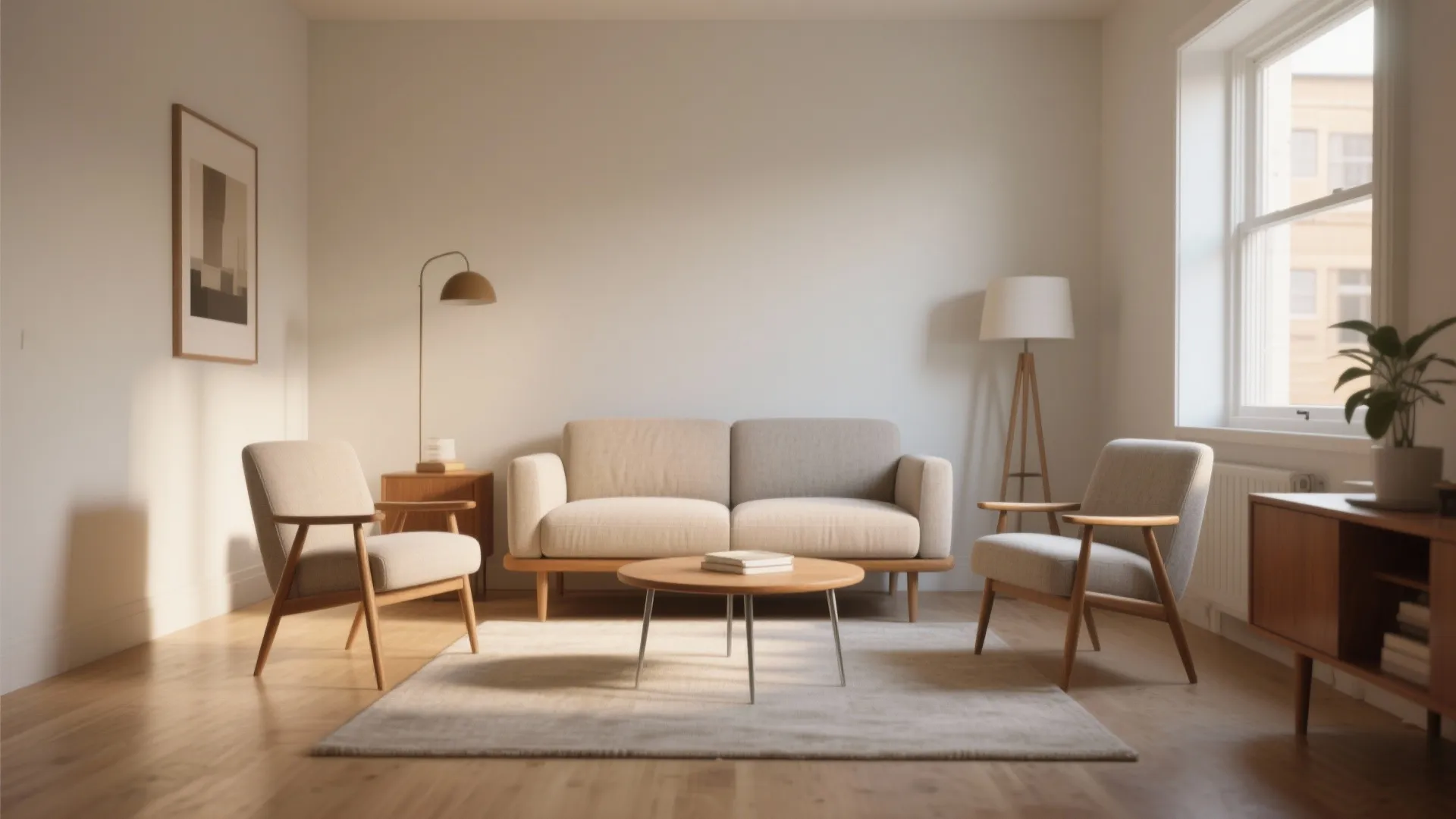 Minimalist living room with beige sofa two chairs wooden coffee table rug and large window