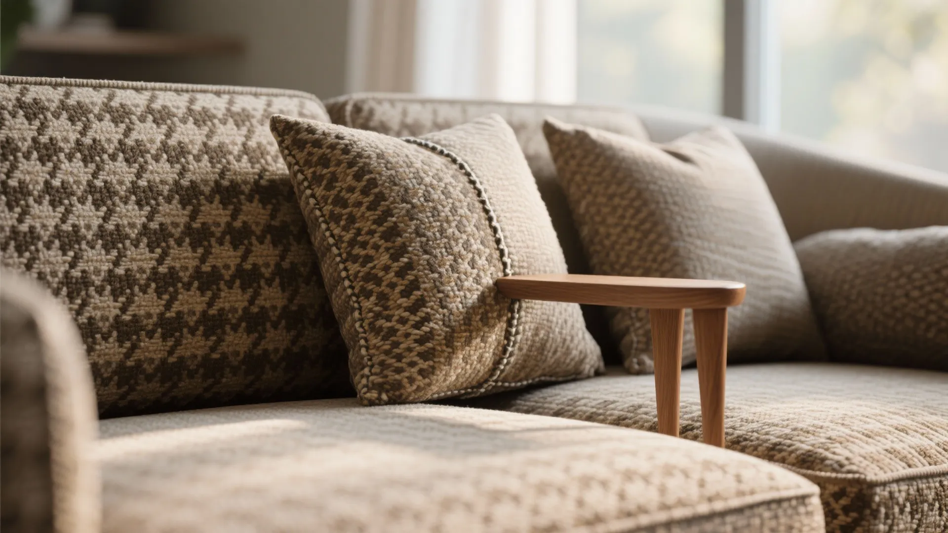 Close up view of a modern beige sofa with textured fabric pillows and wooden side table