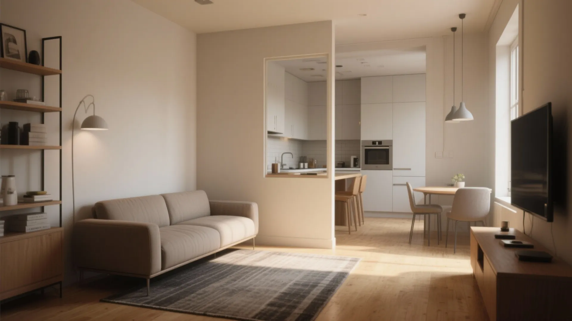 Low-back loveseat angled on a slim rug acting as a subtle divider between living and kitchen zones in a studio.