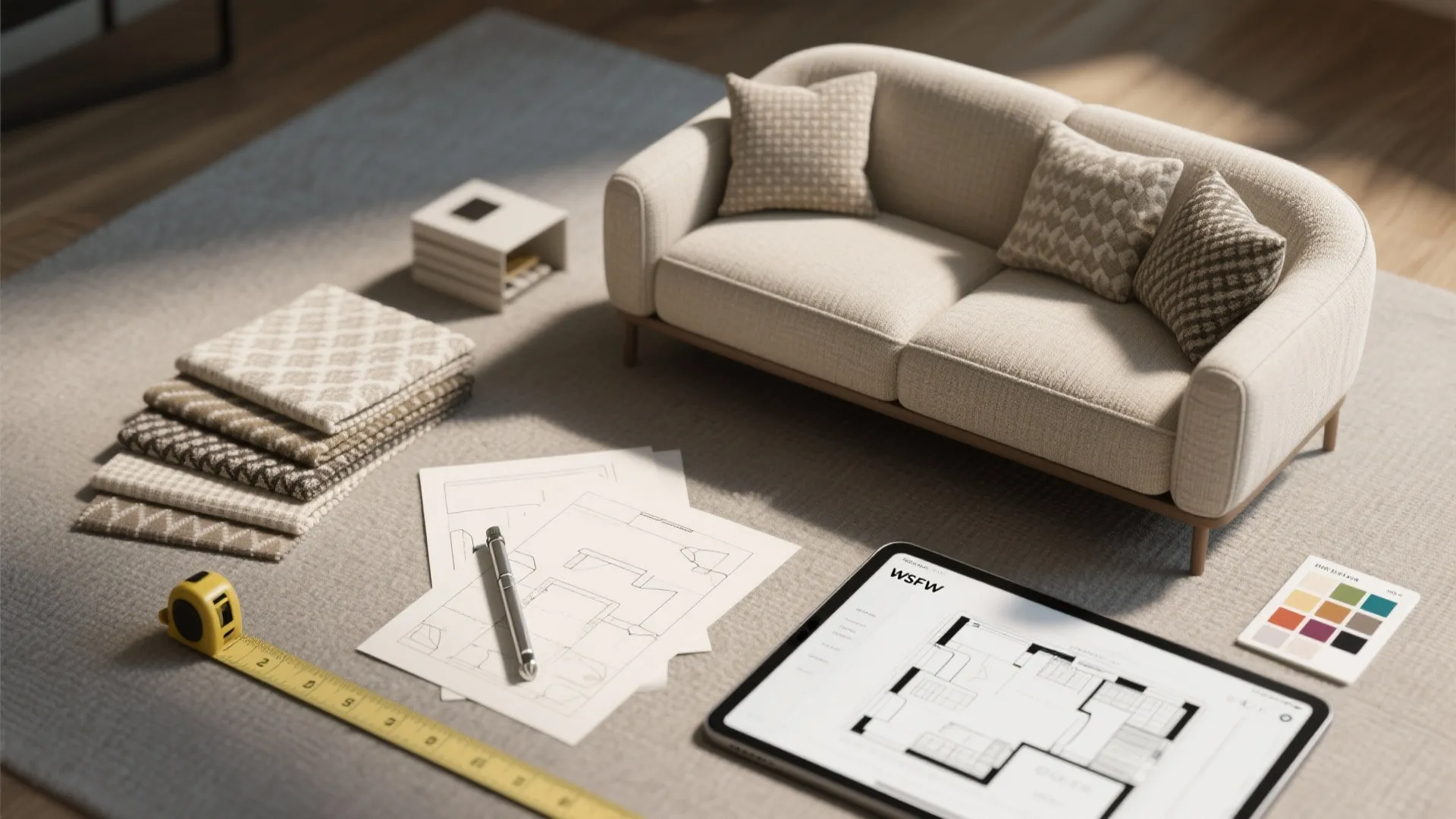 Small cream sofa on rug with fabric samples floor plans and a tablet showing floorplans