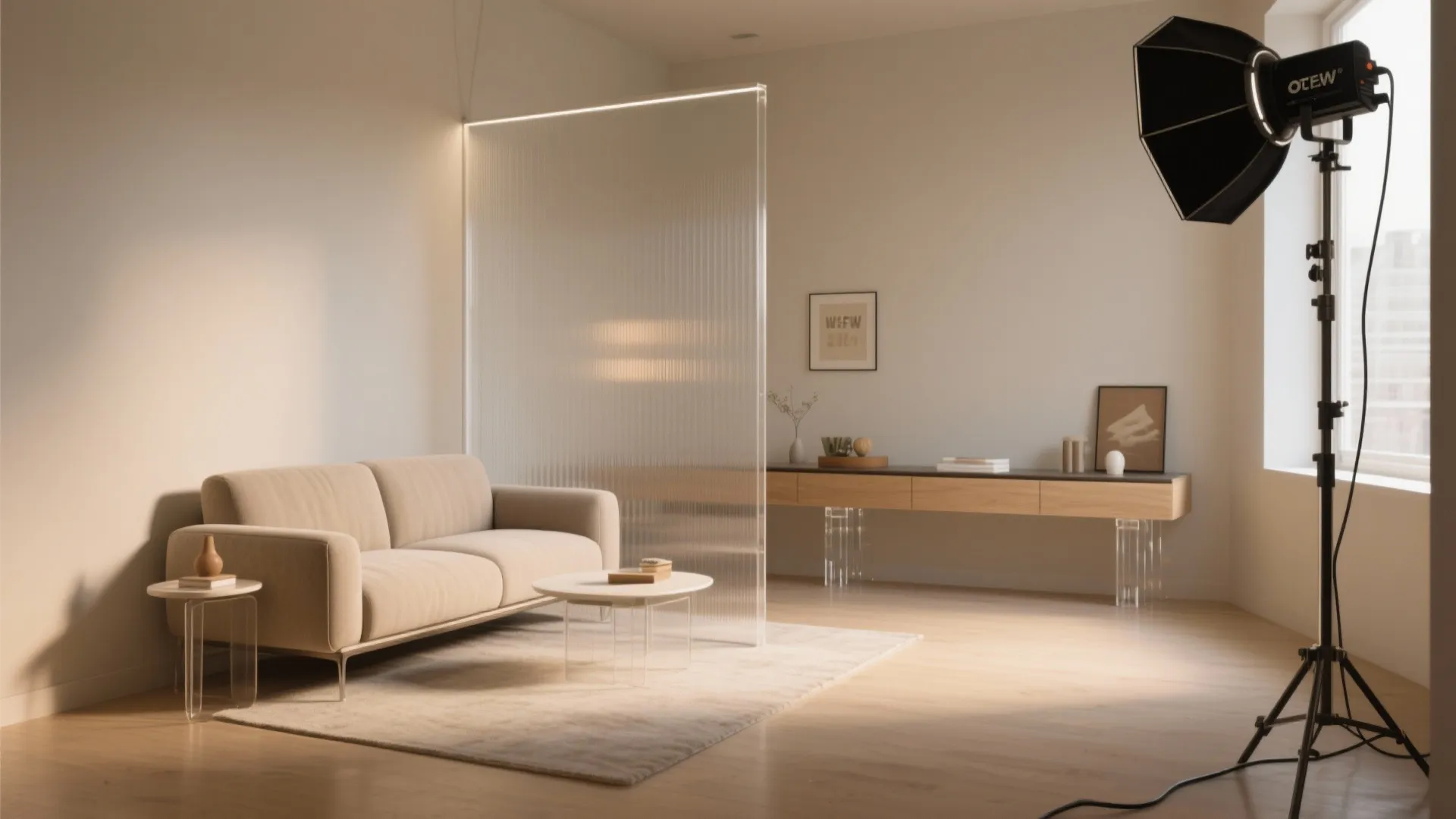 Interior design drawing with beige sofa glass wall coffee table long wood cabinet and light