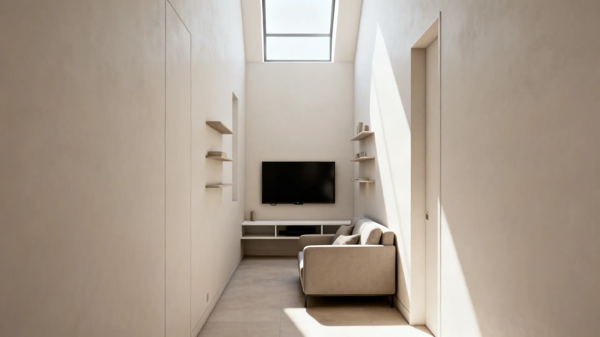 Narrow living room with loveseat and floating media console to maximize floor space